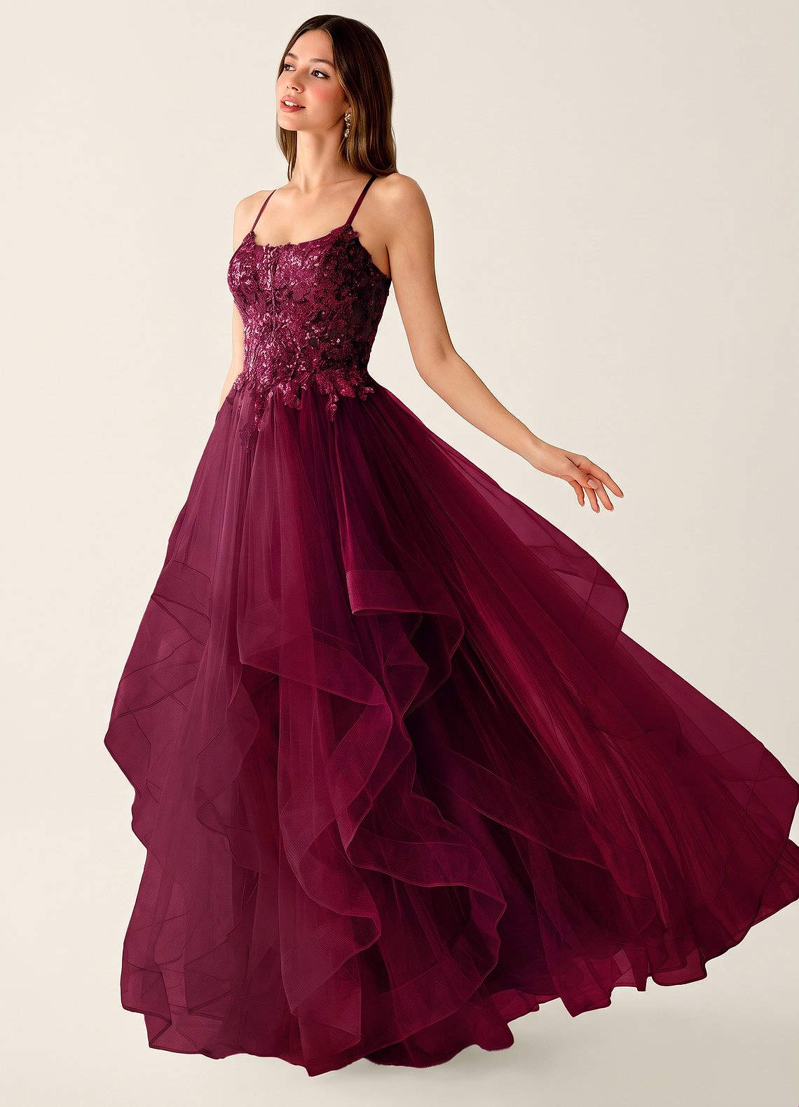 Mosaic A-Line V-Neck Tulle Evening Dress in Burgundy
