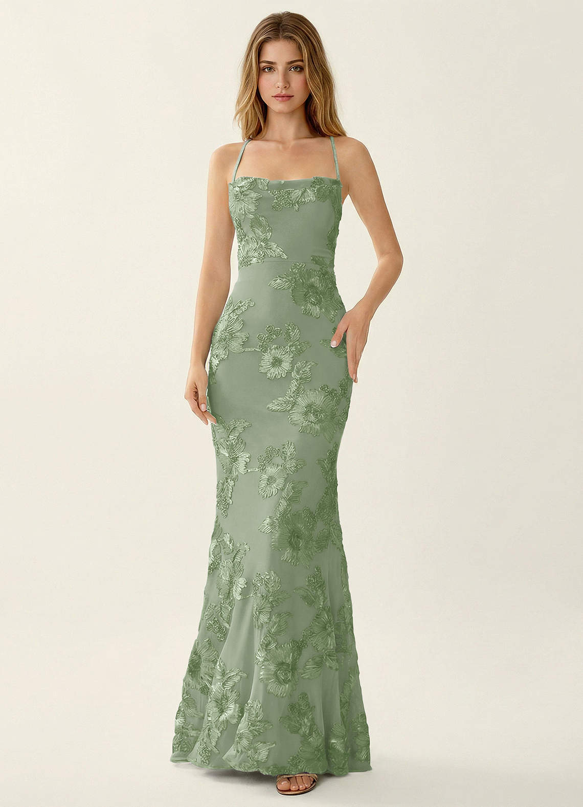 Kailani Mermaid Spaghetti-Strap Lace Evening Dress in Pale Purple