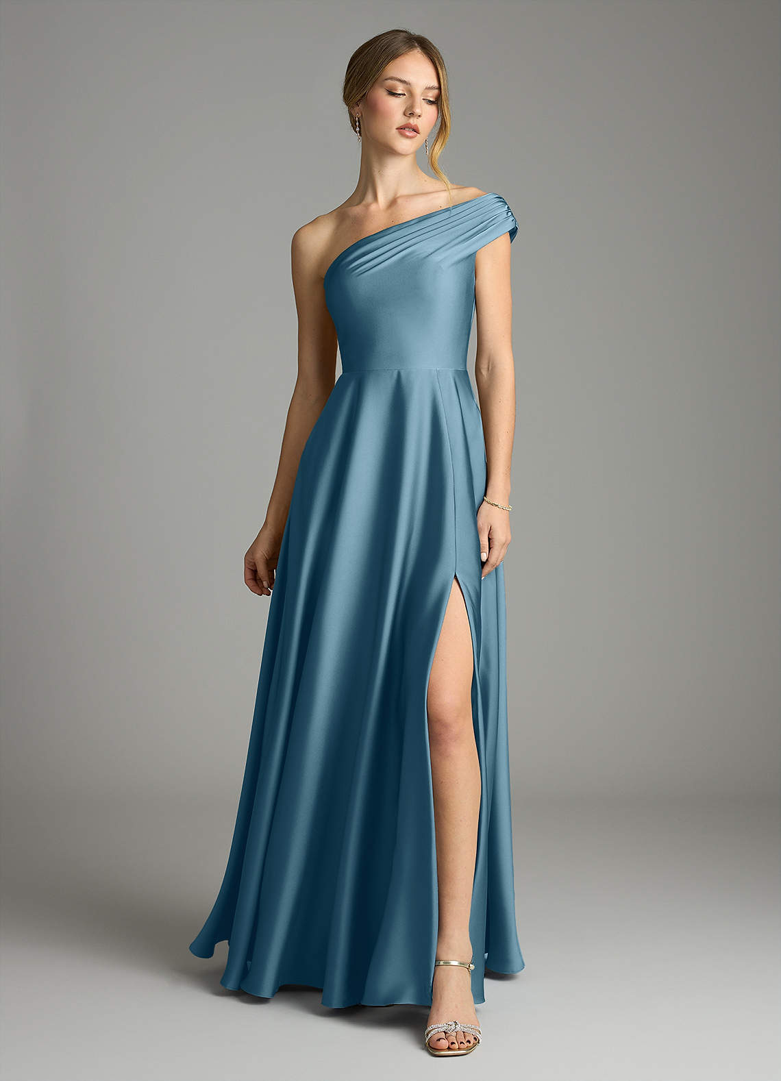 Melanie A-Line One-Shoulder Stretch Satin Bridesmaid Dress in Bermuda