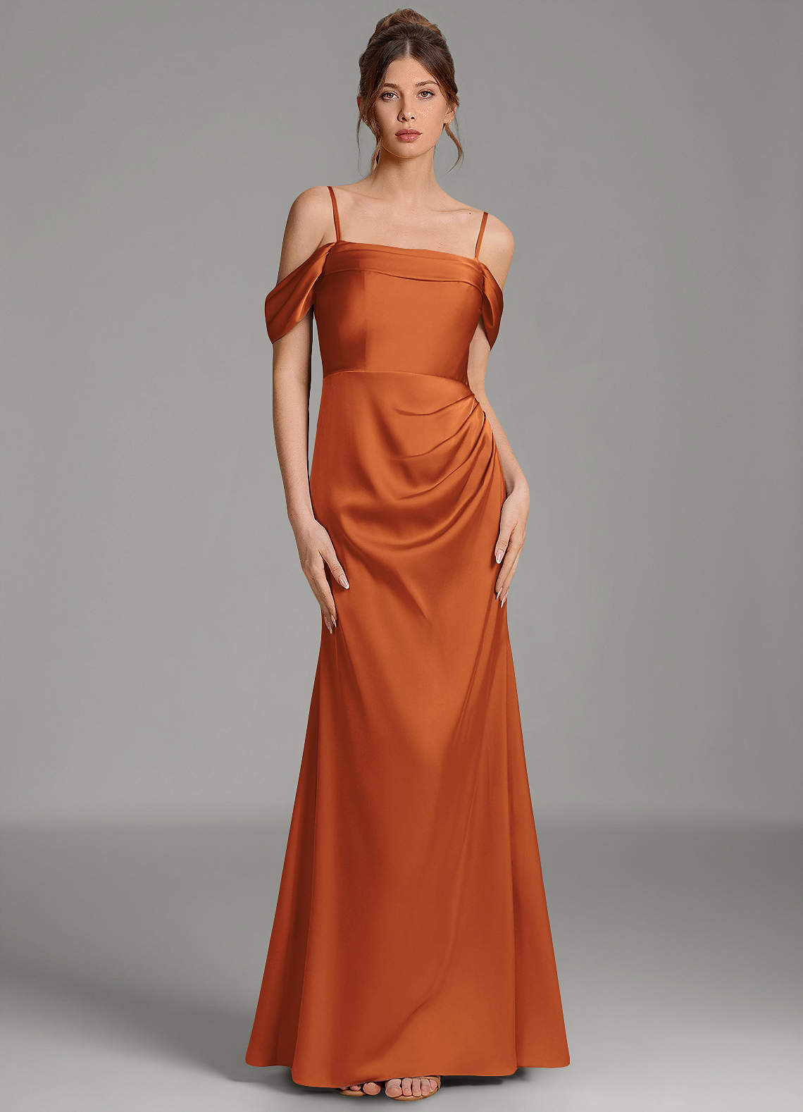 Wyatt Mermaid Off-the-Shoulder Stretch Satin Bridesmaid Dress in Cinnamon