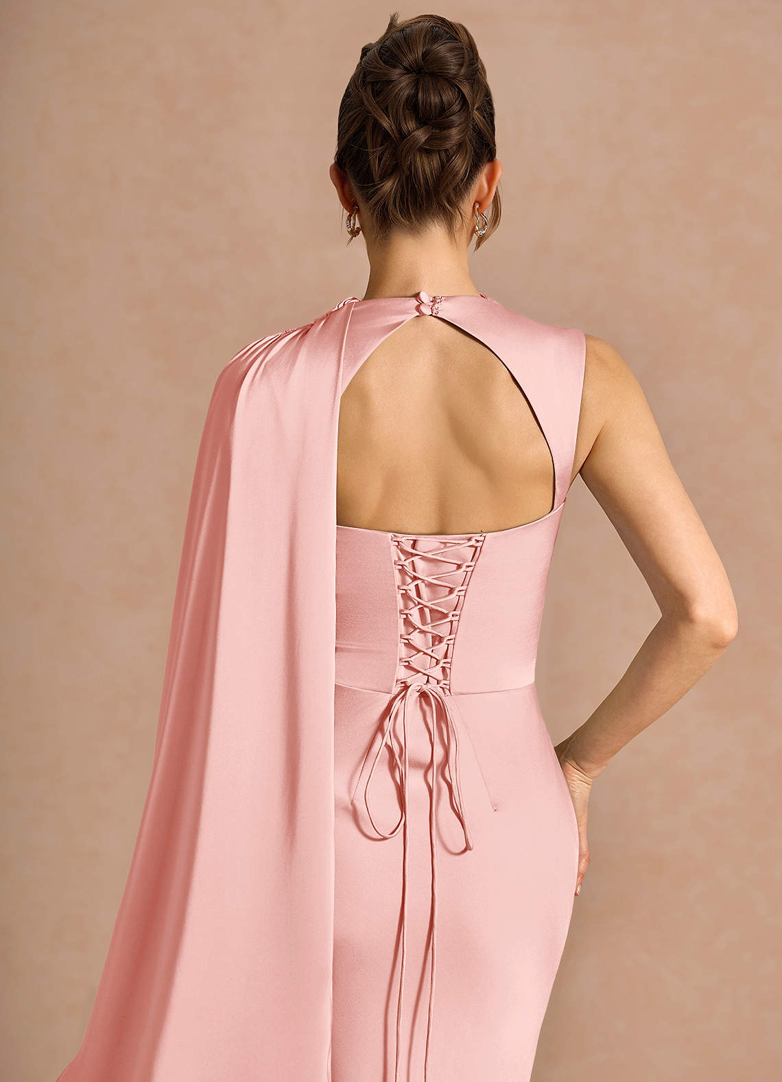 Chesney Cape-Sleeve Pleated Stretch Satin Wedding Guest Dress in Haze Pink