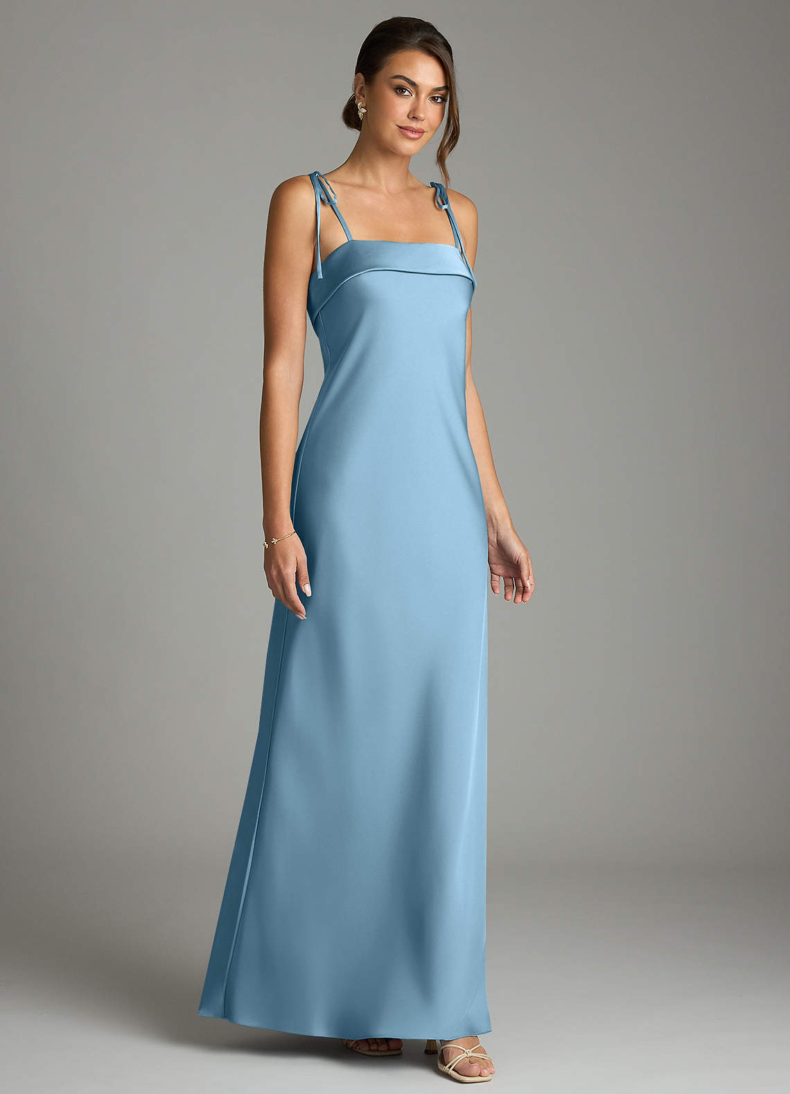 Ellia Sheath Straight-Neck Stretch Satin Bridesmaid Dress in Steel Blue