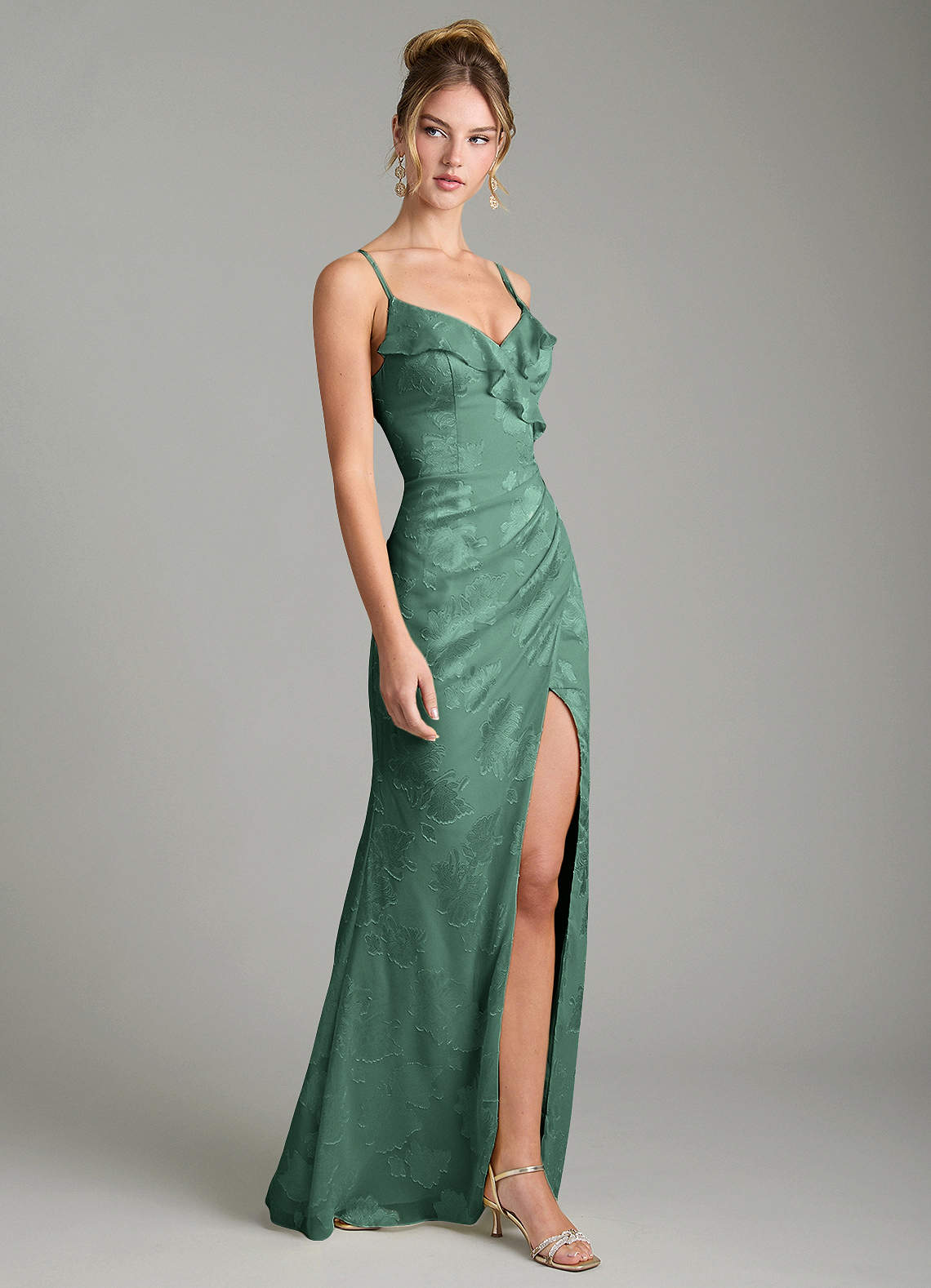 Larsa Mermaid V-Neck Jacquard Bridesmaid Dress in Eucalyptus