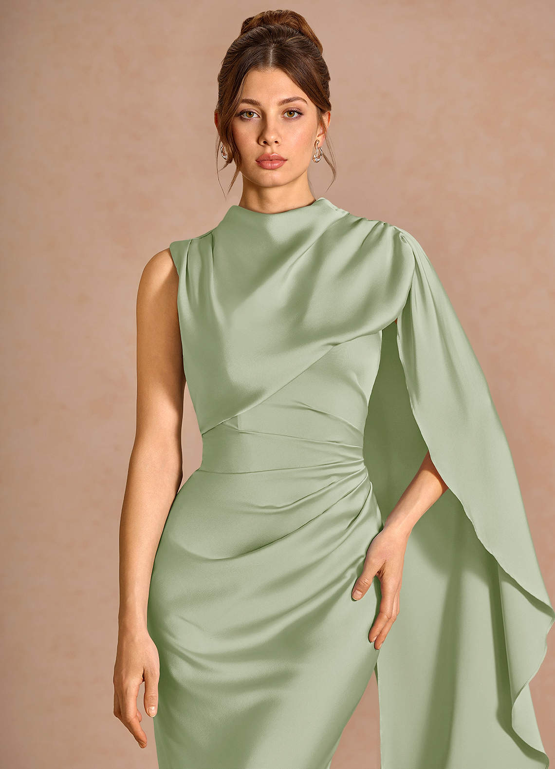 Chesney Cape-Sleeve Pleated Stretch Satin Wedding Guest Dress in Light Green