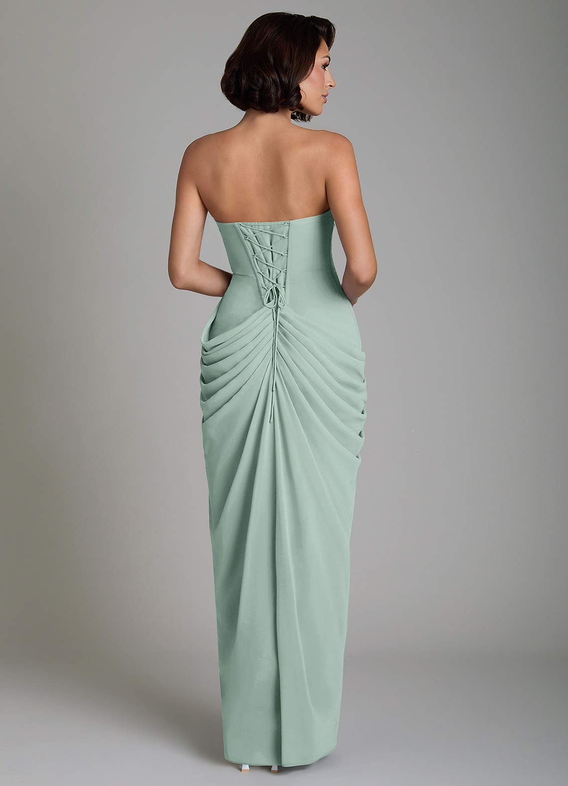 Nyra Sheath Strapless Chiffon Bridesmaid Dress in Agave