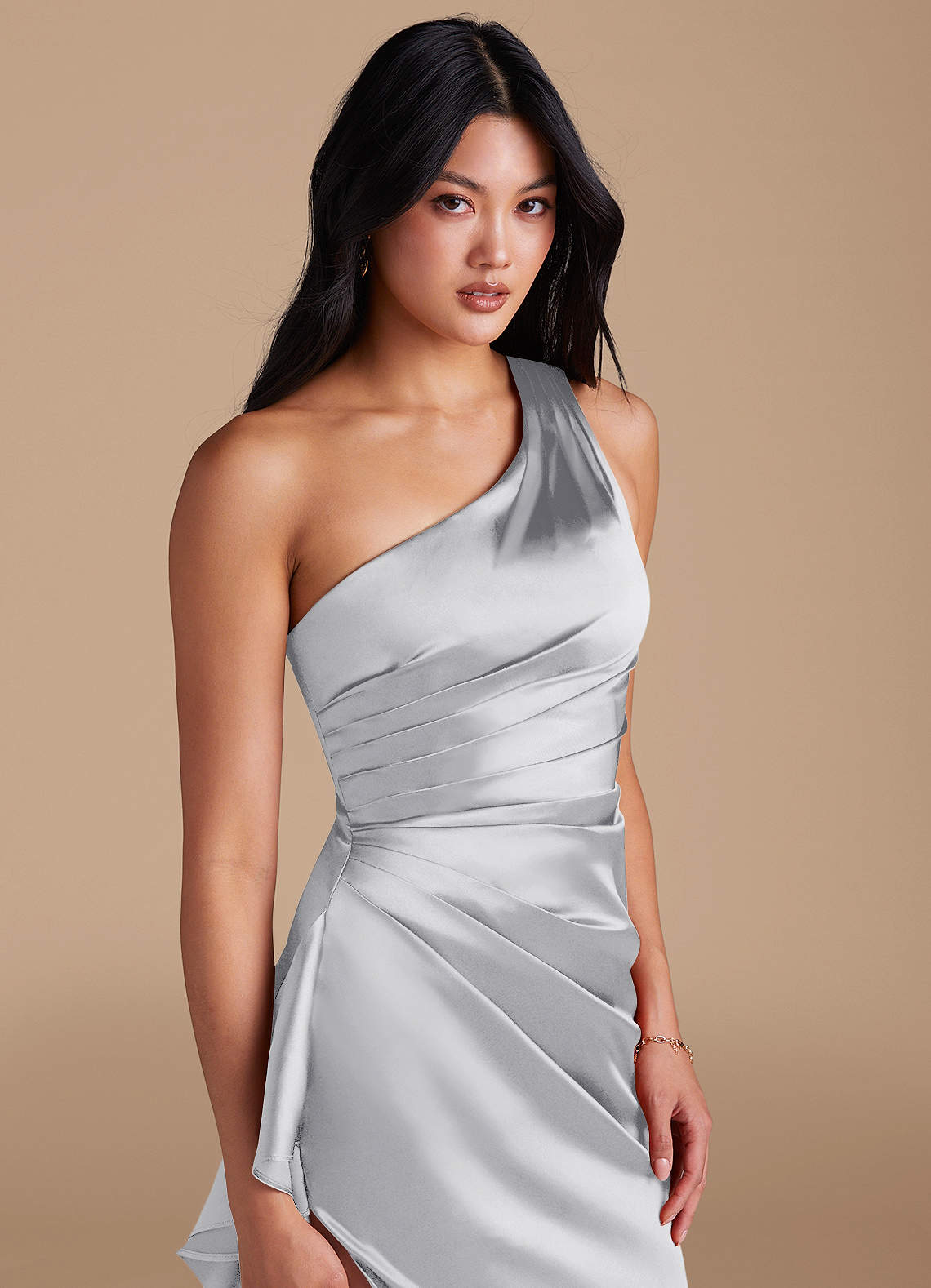 Latrice Sheath One-Shoulder Metallic Satin Bridesmaid Dress in Silver