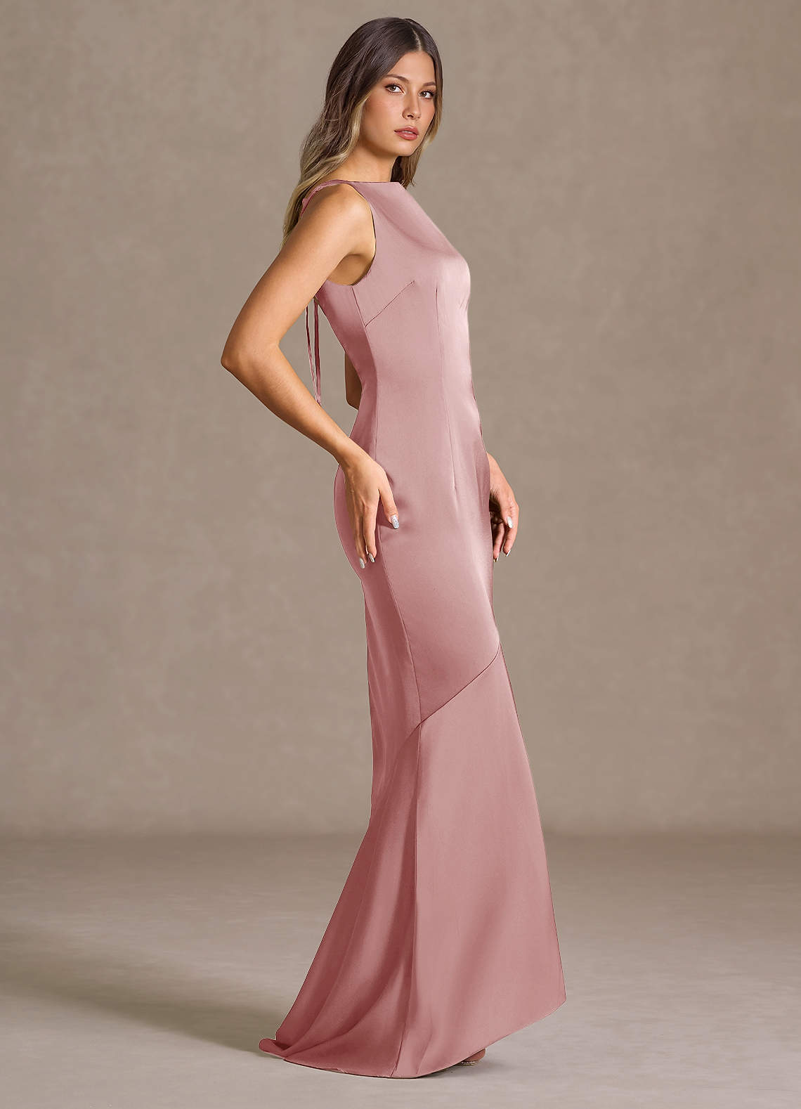 Wynne Mermaid Shoulder-Scarf Stretch Satin Evening Dress in Light Pink