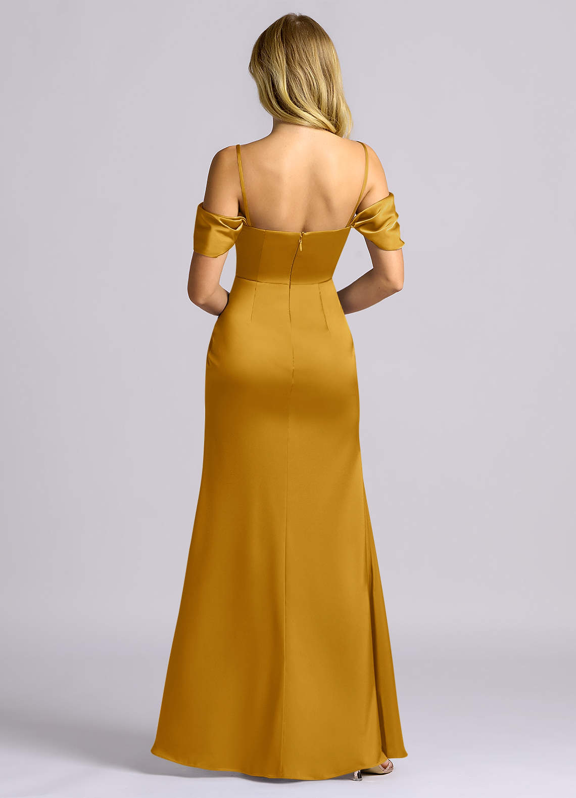 Auden Sheath Off-the-Shoulder Stretch Satin Bridesmaid Dress in butterscotch