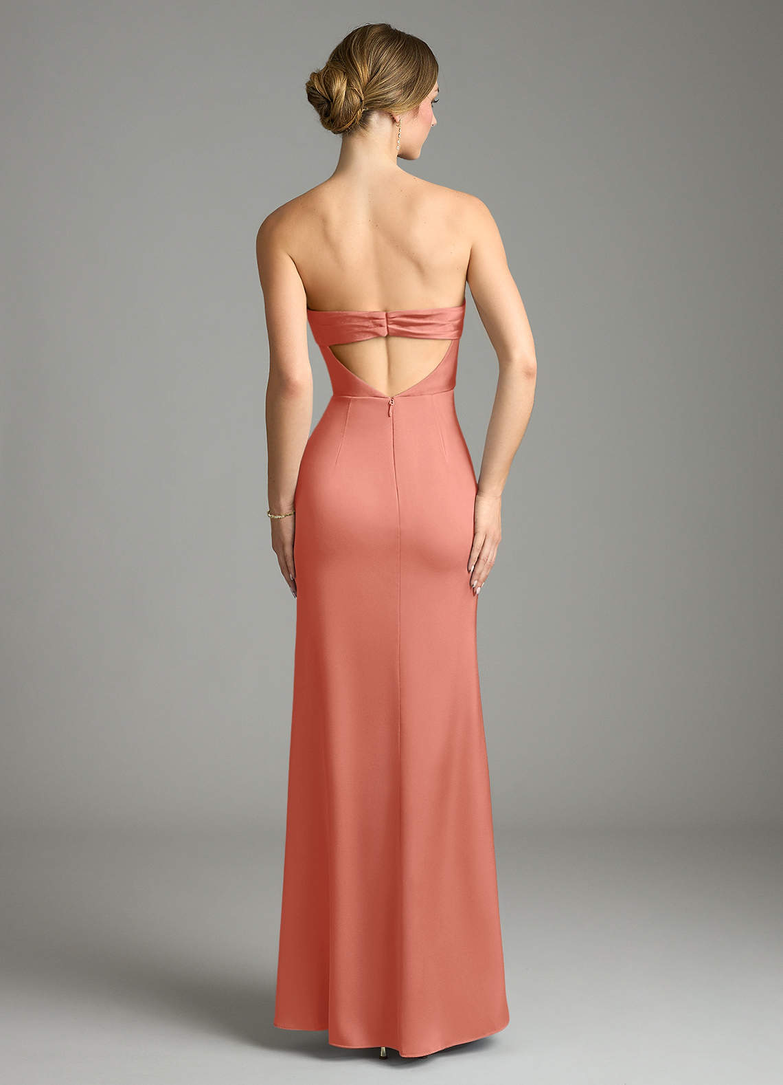 Leonis Mermaid Cowl-Neck Stretch Satin Bridesmaid Dress in Salmon Pink