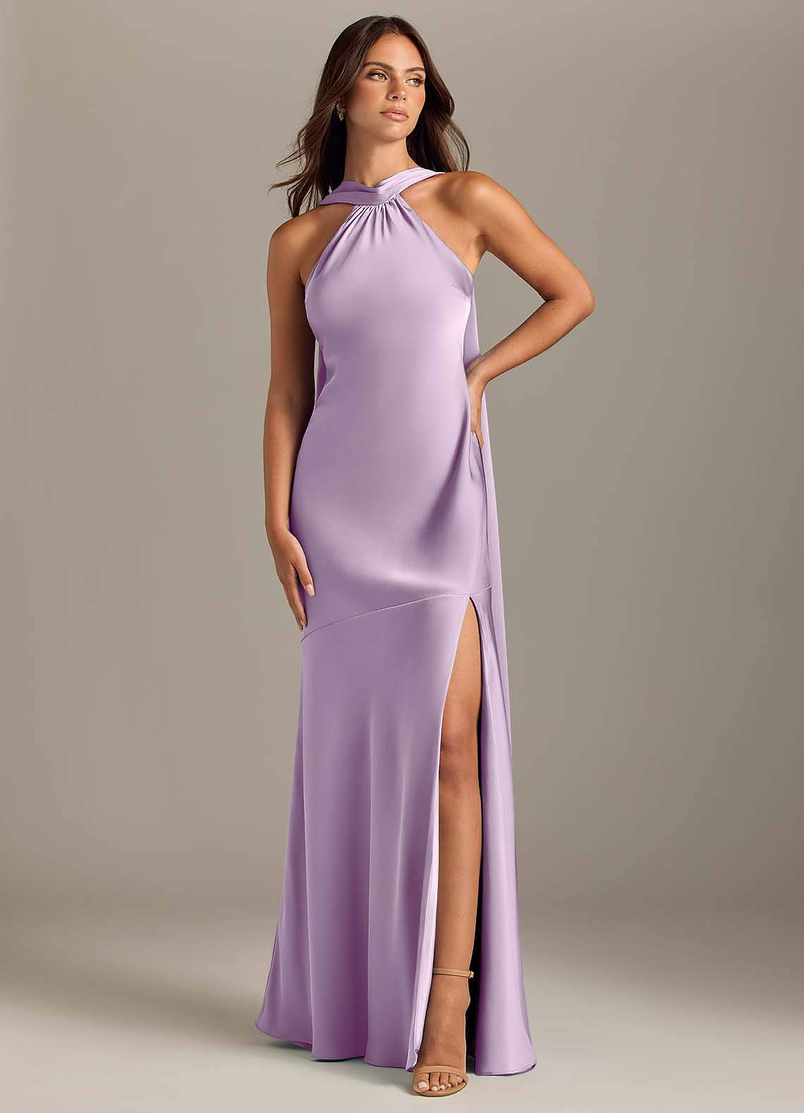 Kinsley Mermaid Halter Stretch Satin Bridesmaid Dress in Frosted Lilac