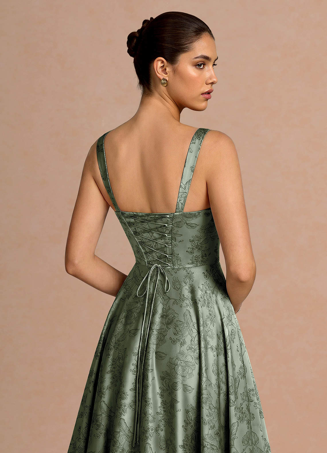 Azaria A-Line Square-Neck Jacquard Evening Dress in Sage Blue