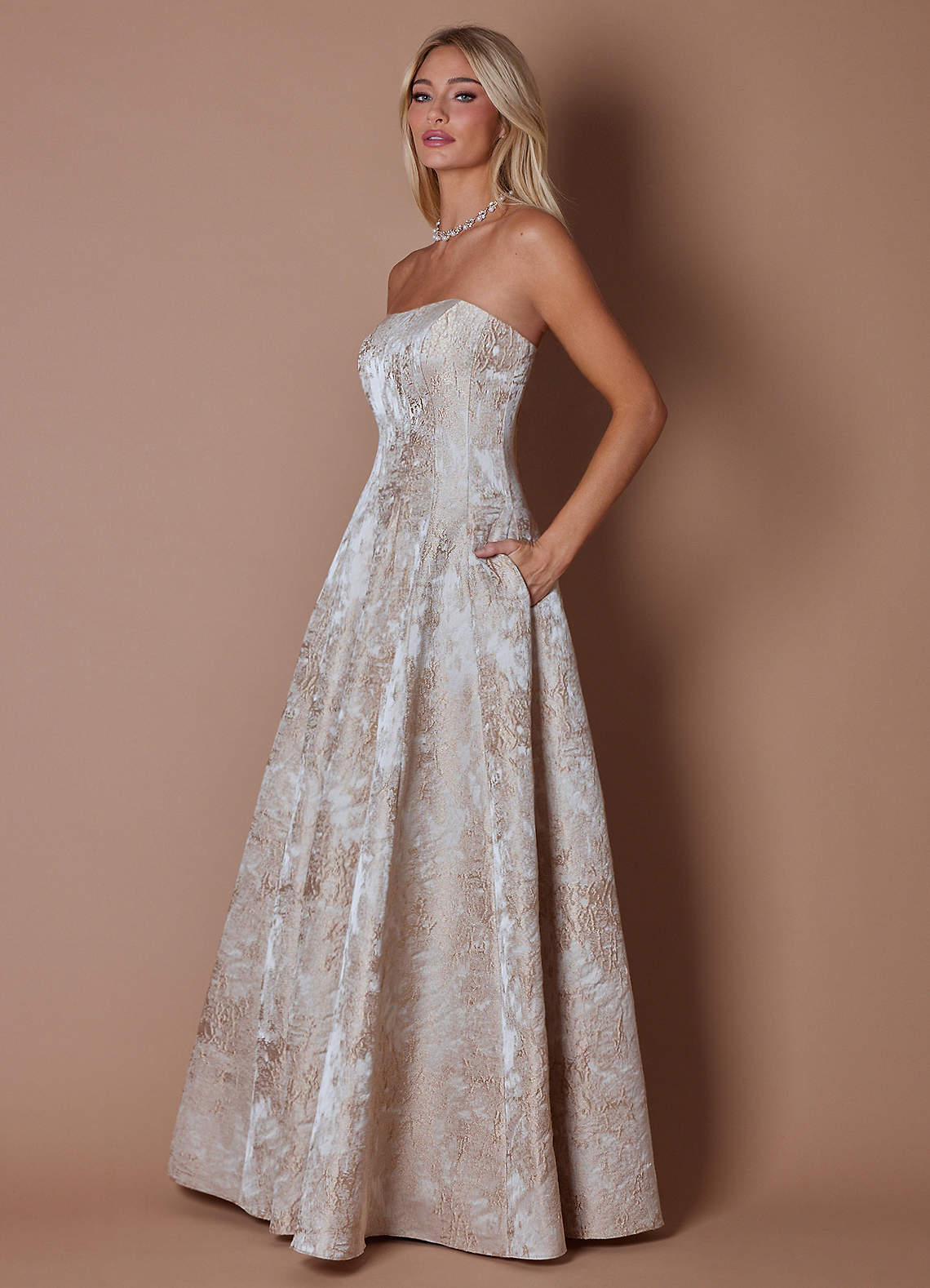 Lory A-Line Strapless Brocade Evening Dress in Gold Taupe