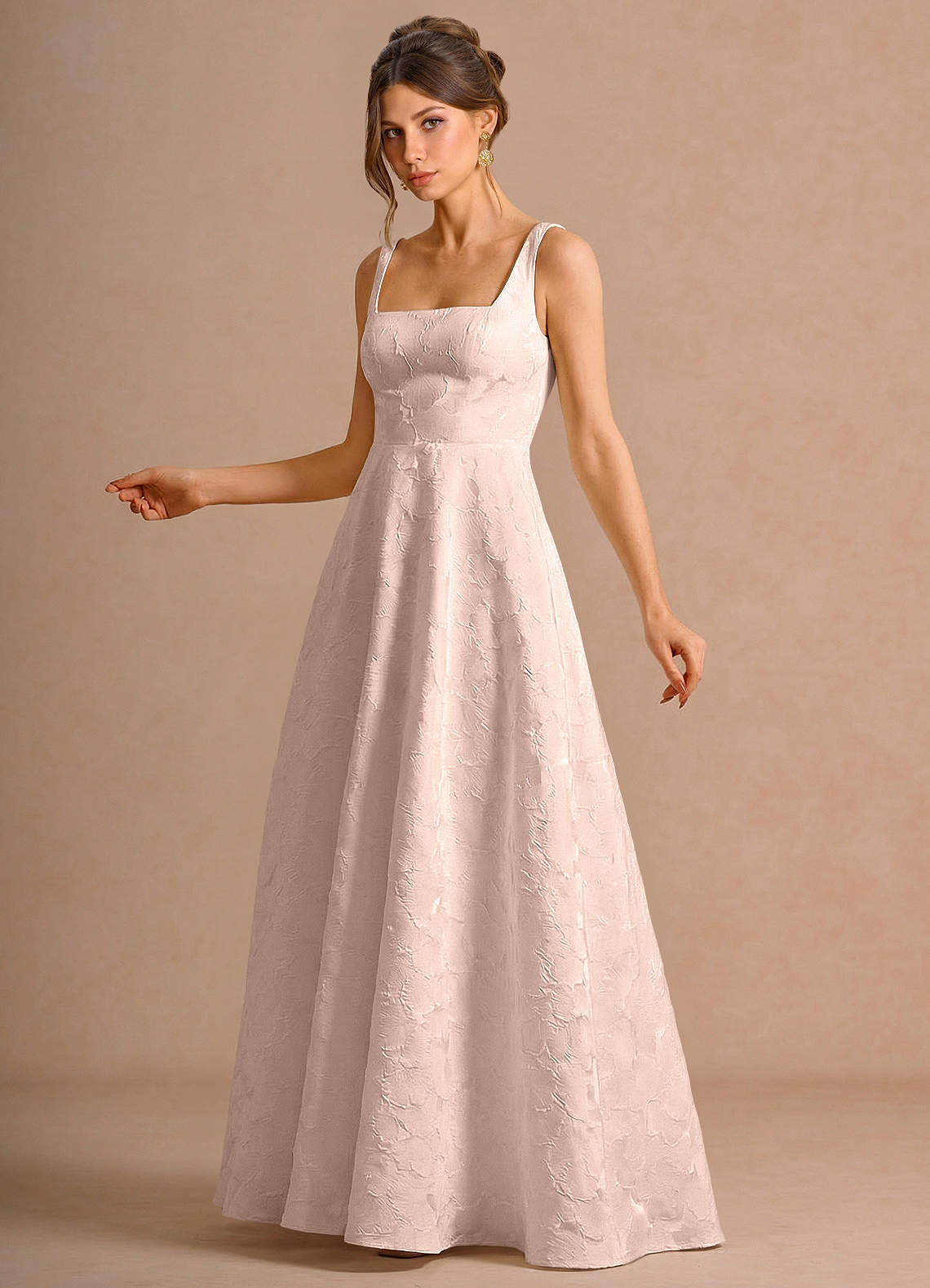 Effie A-Line Square-Neck Jacquard Evening Dress in Baby Pink