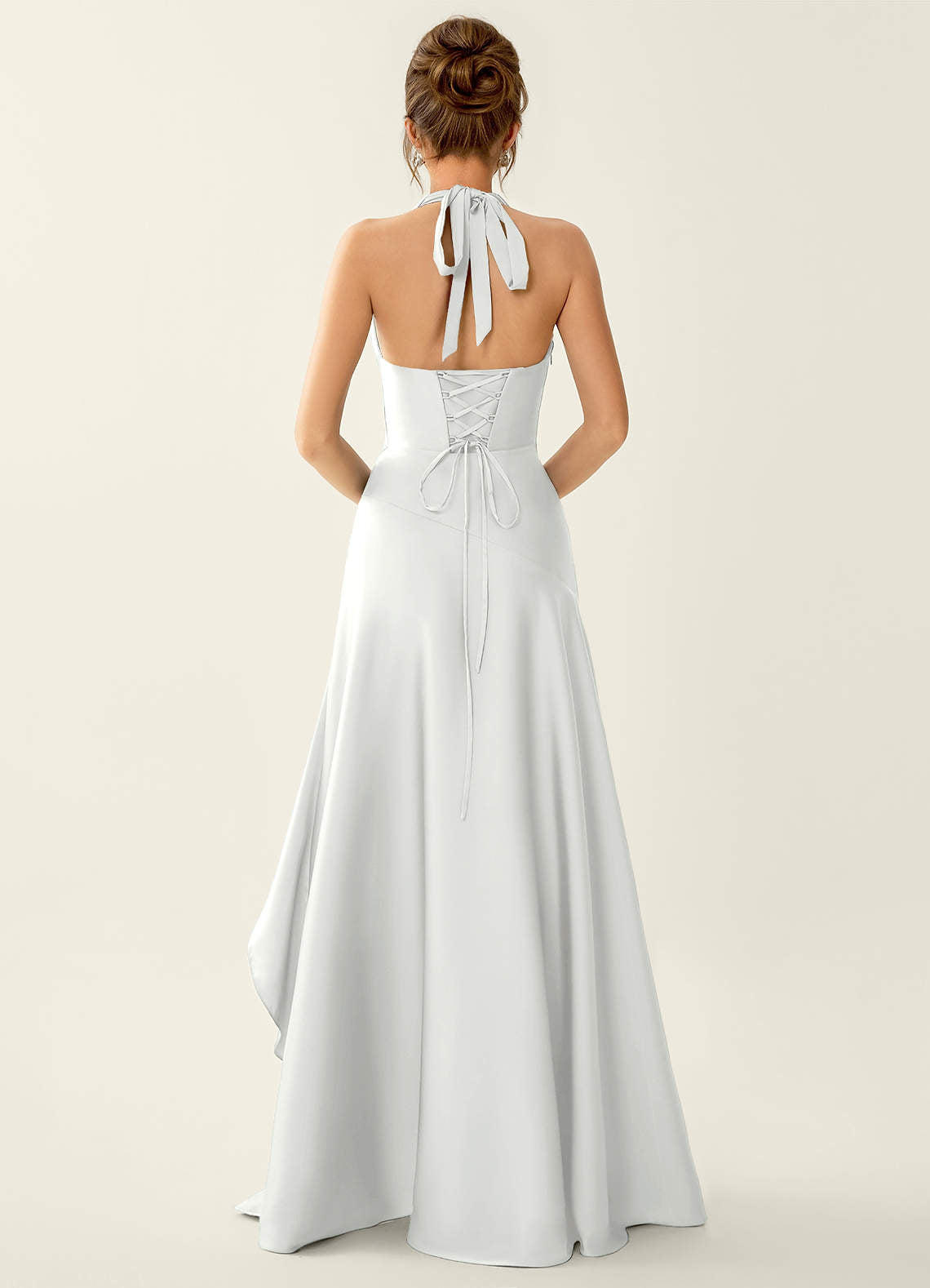 Titania Halter Asymmetric-Ruffle Satin Evening Dress in White