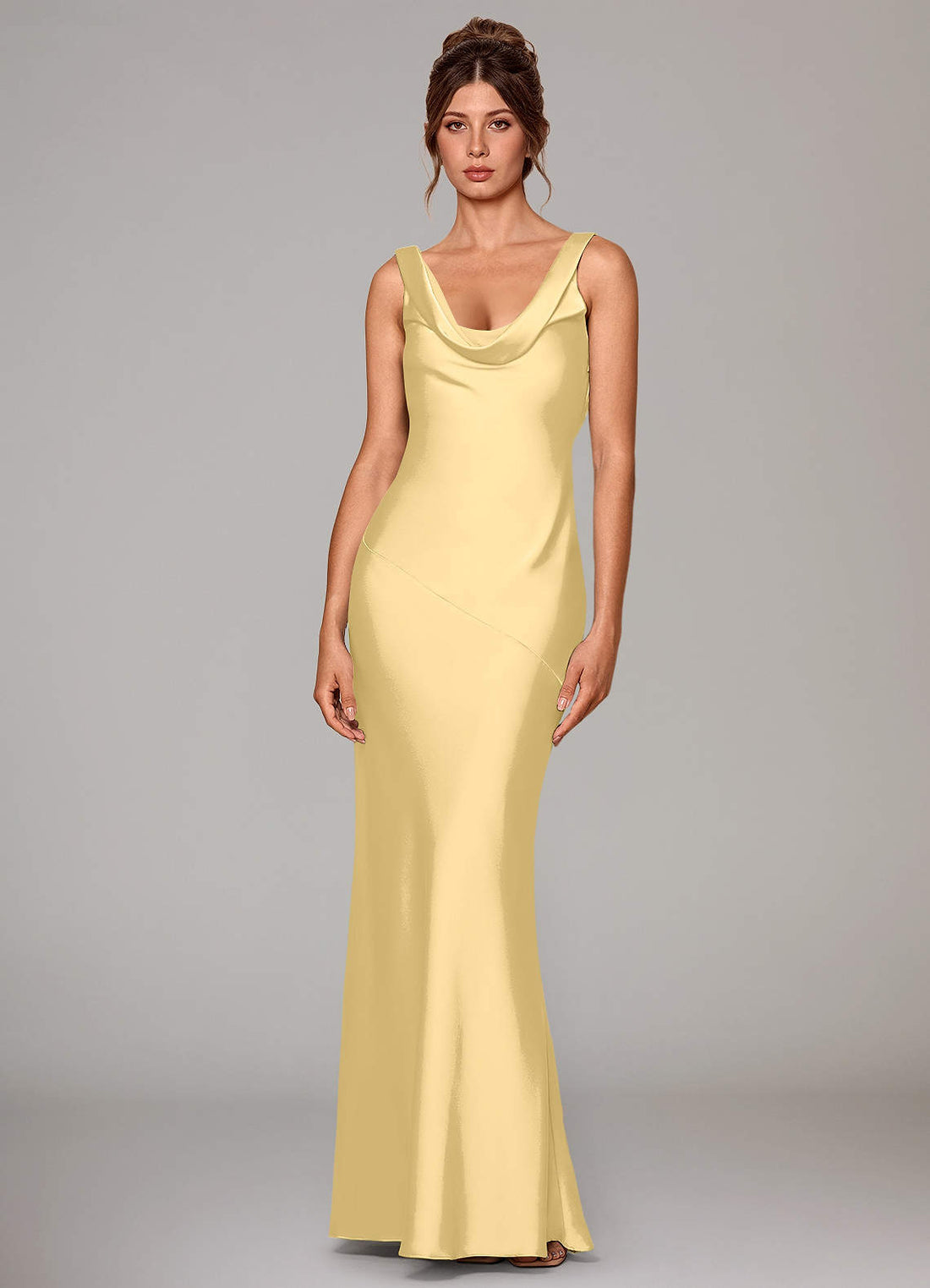 Rylina Mermaid Cowl-Neck Stretch Satin Bridesmaid Dress in Butter