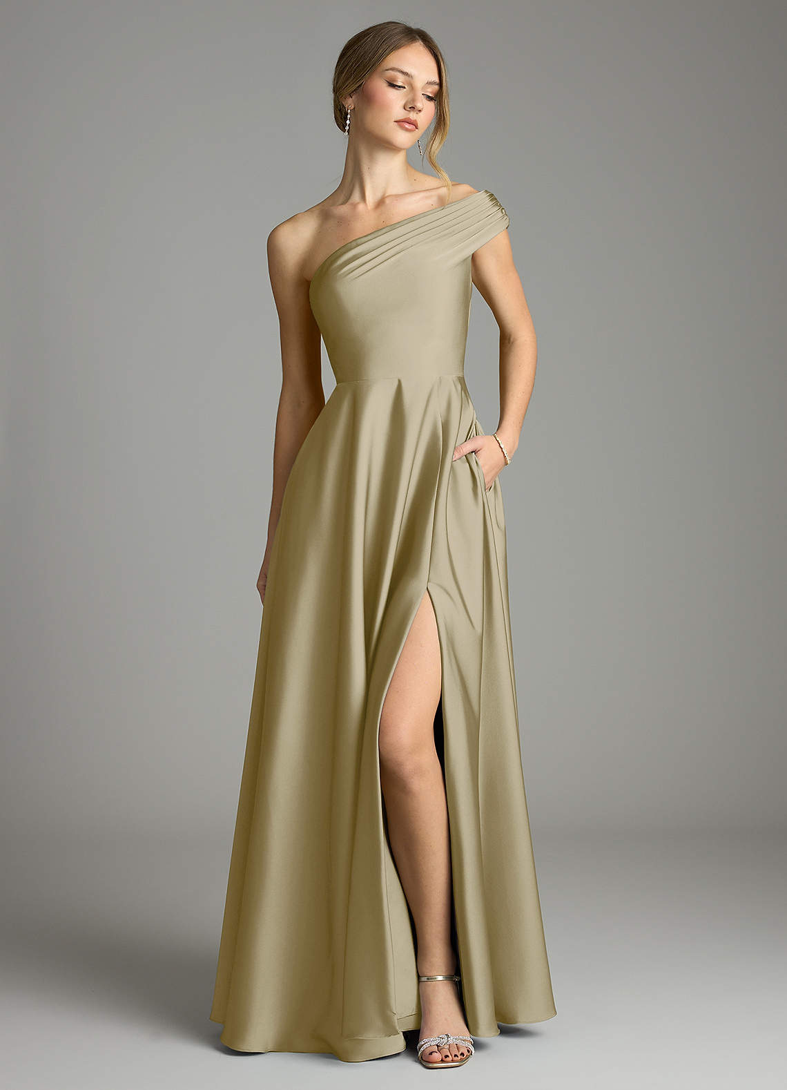 Melanie A-Line One-Shoulder Stretch Satin Bridesmaid Dress in Moss Green