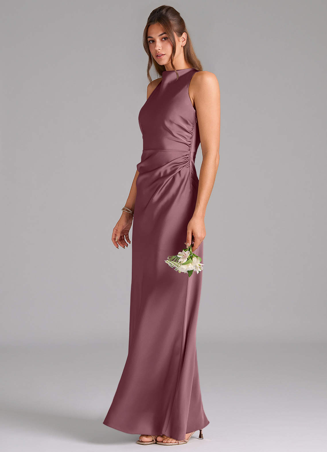 Evadne Sheath Scoop-Neck Stretch Satin Bridesmaid Dress in Amethyst