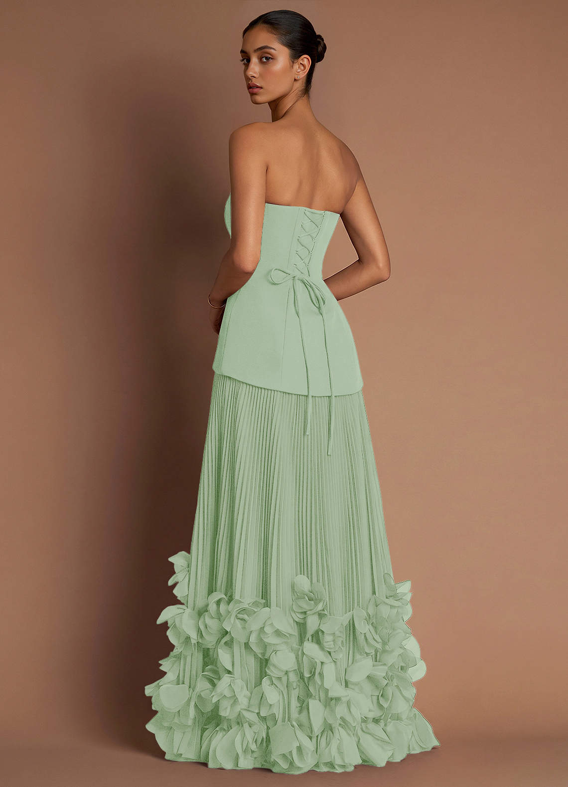 Marnie A-Line Corset Crepe Chiffon Evening Dress in Light Green