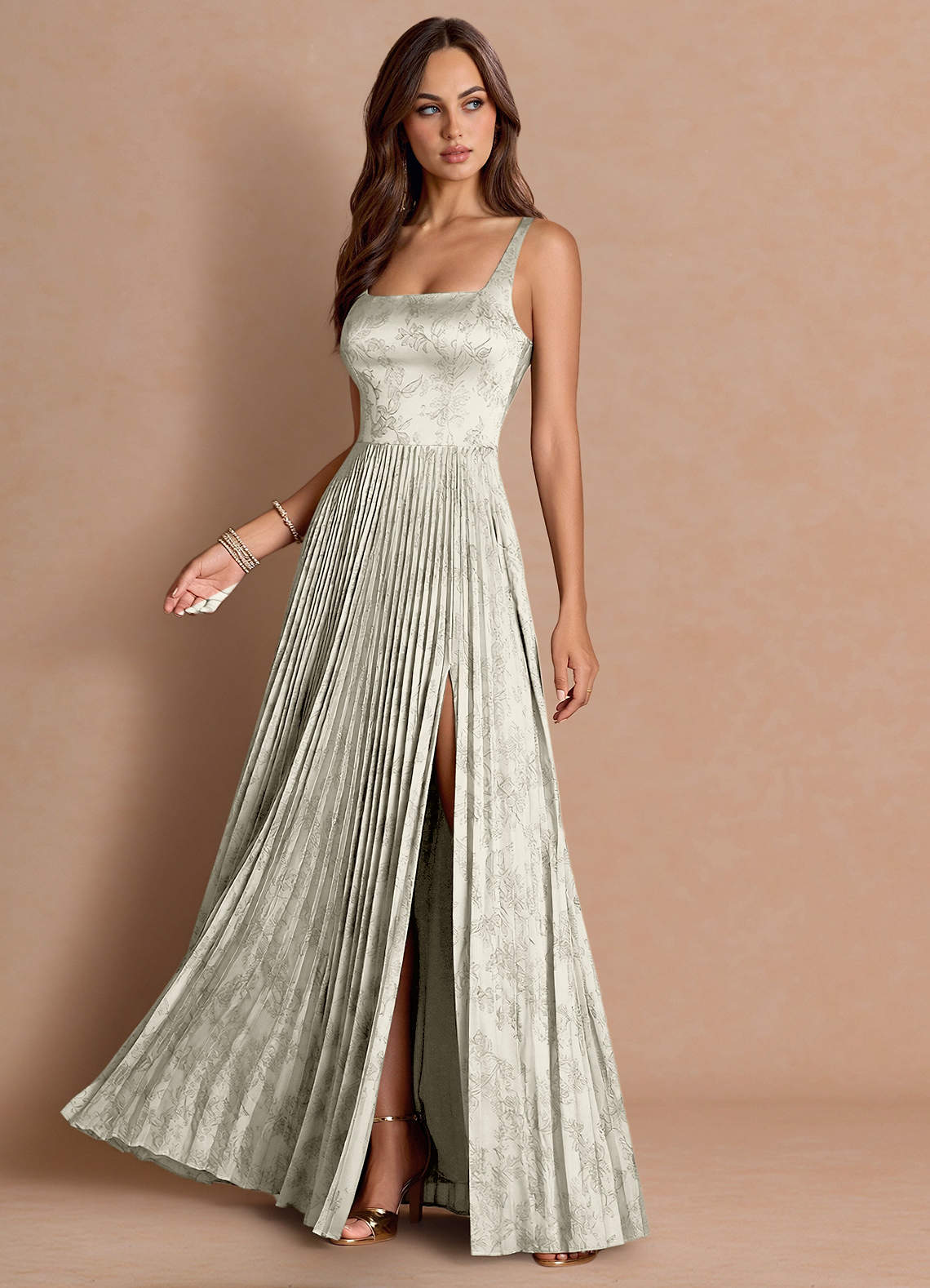 Tatiana A-Line Square-Neck Jacquard Wedding Guest Dress in Cream