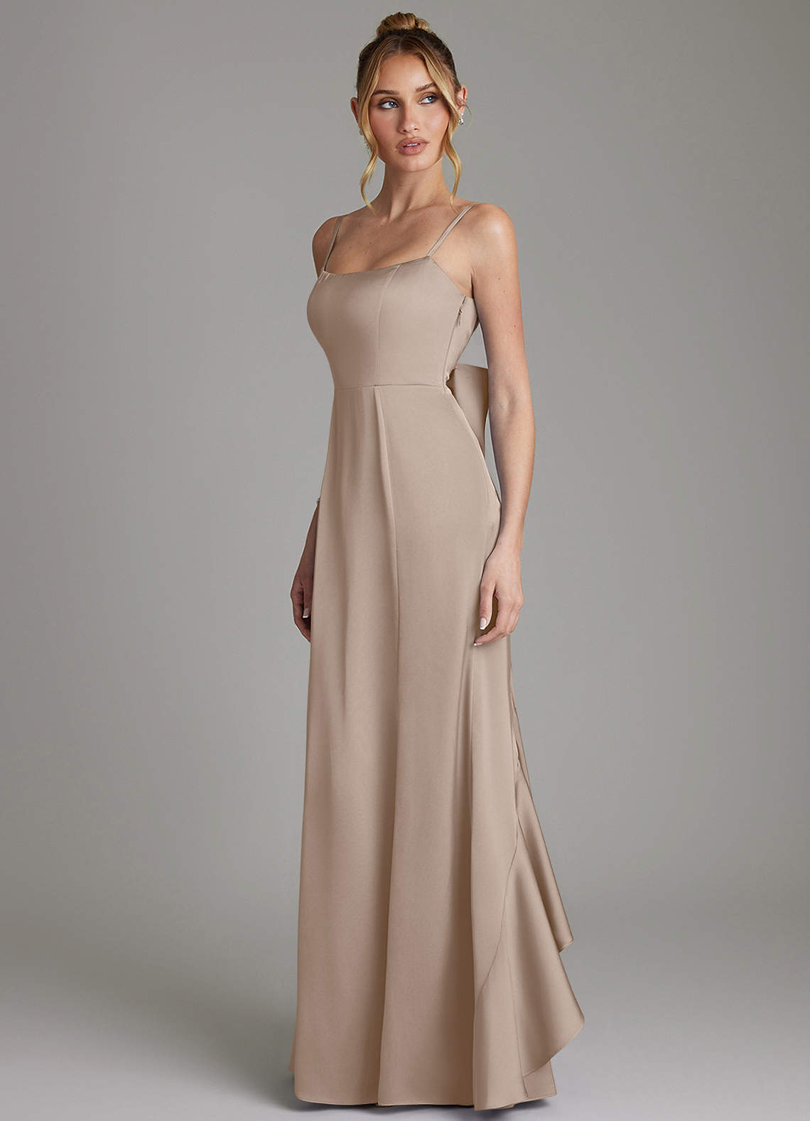 Zherra Mermaid Scoop-Neck Stretch Satin Bridesmaid Dress in Taupe