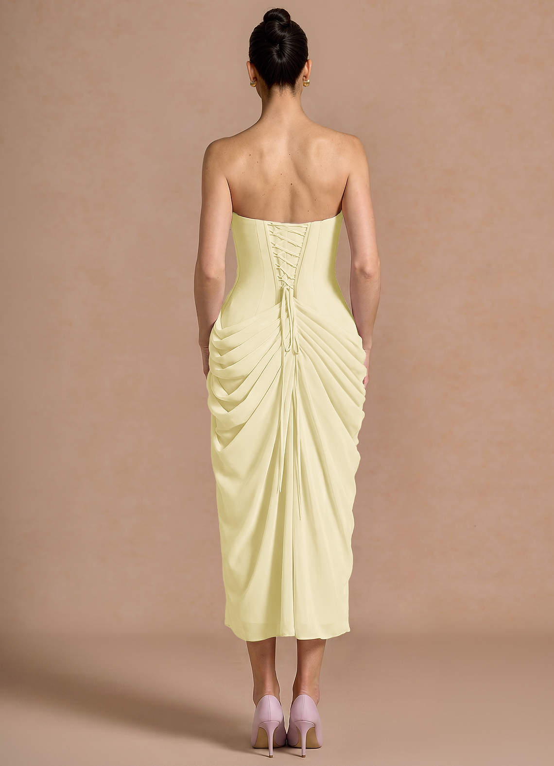 Kaavia Column Pleated Chiffon Midi Evening Dress in Butter Yellow