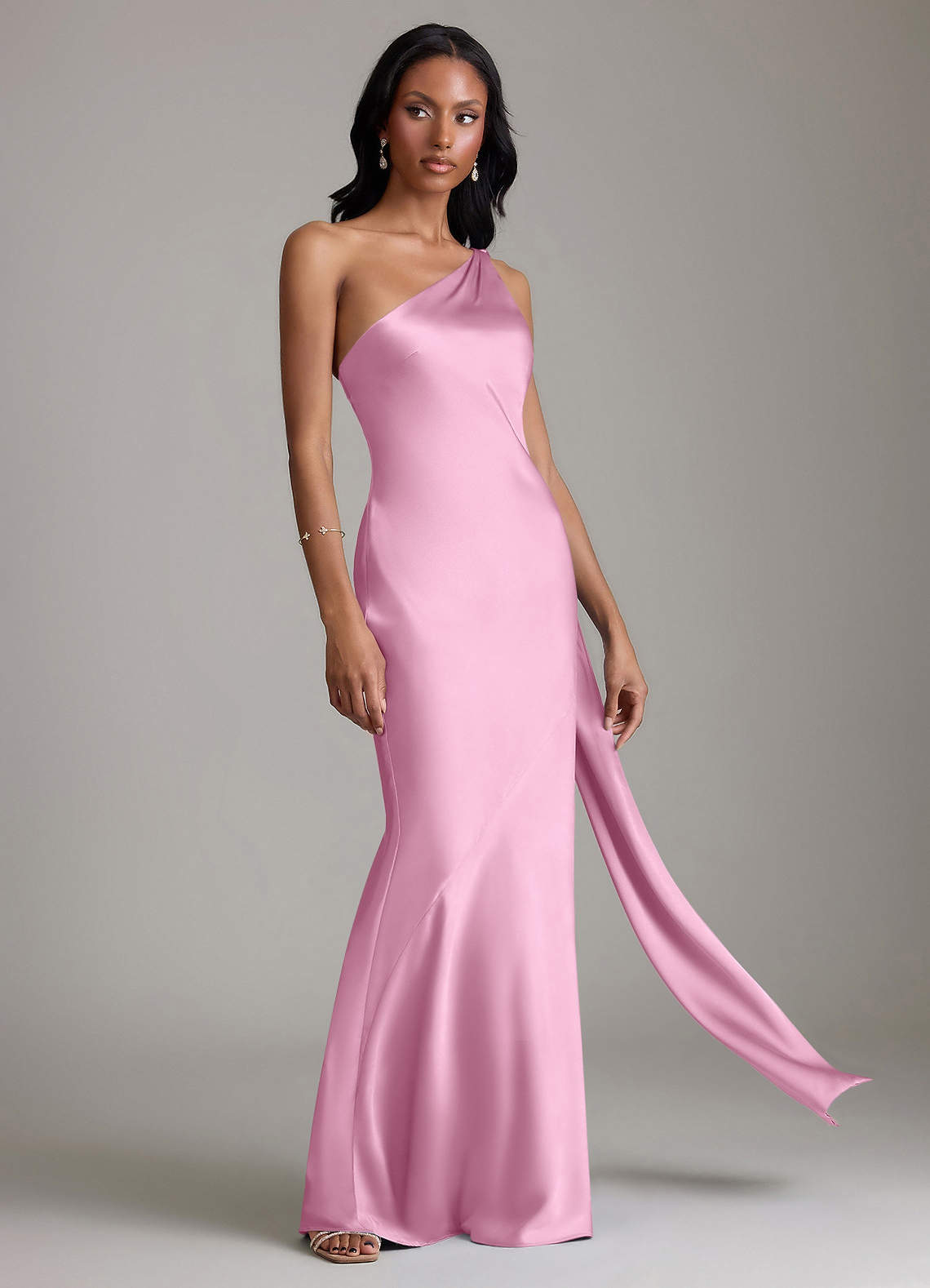 Juniper Mermaid One-Shoulder Stretch Satin Bridesmaid Dress in candy pink