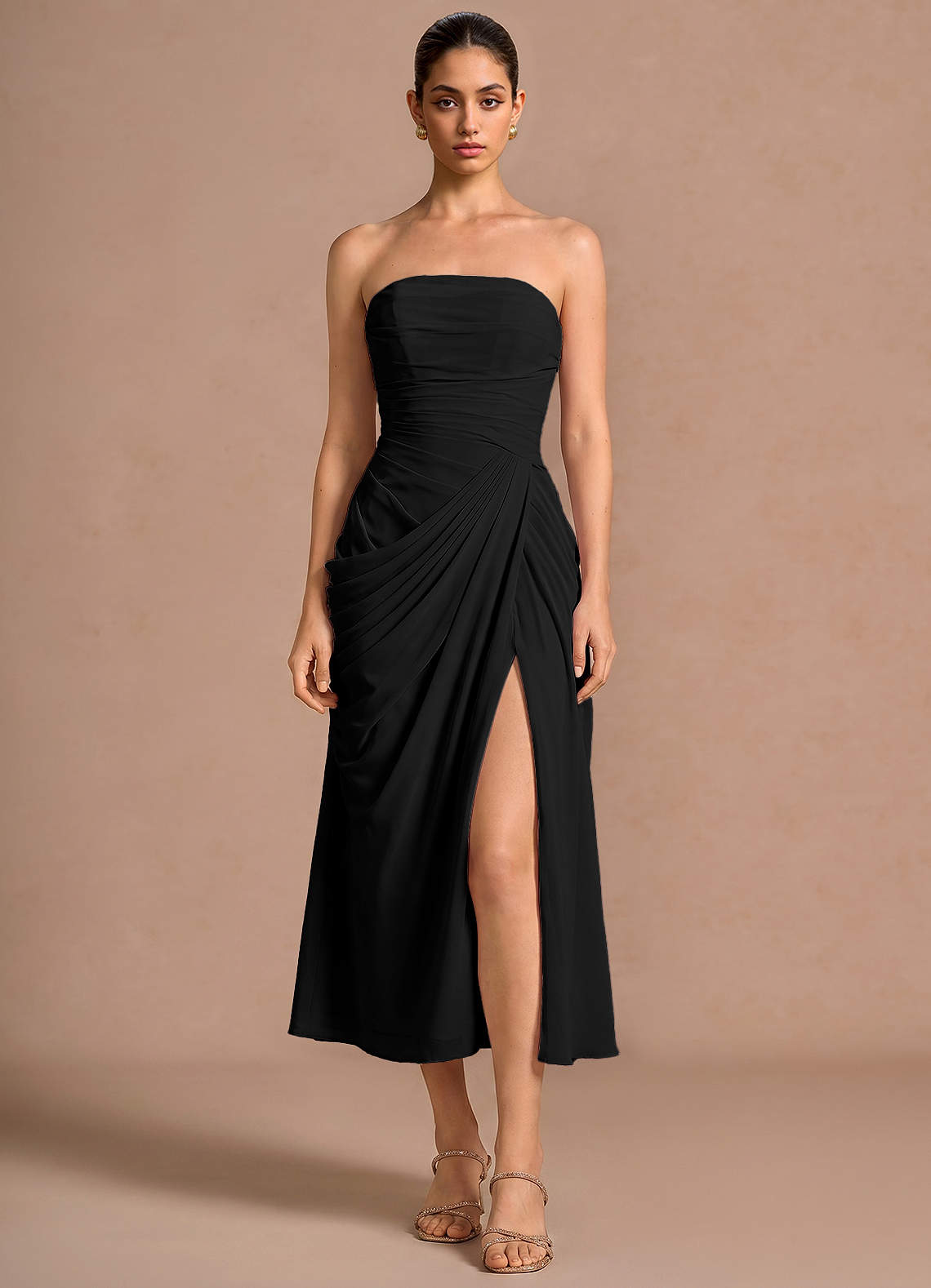 Kaavia Column Pleated Chiffon Midi Evening Dress in black