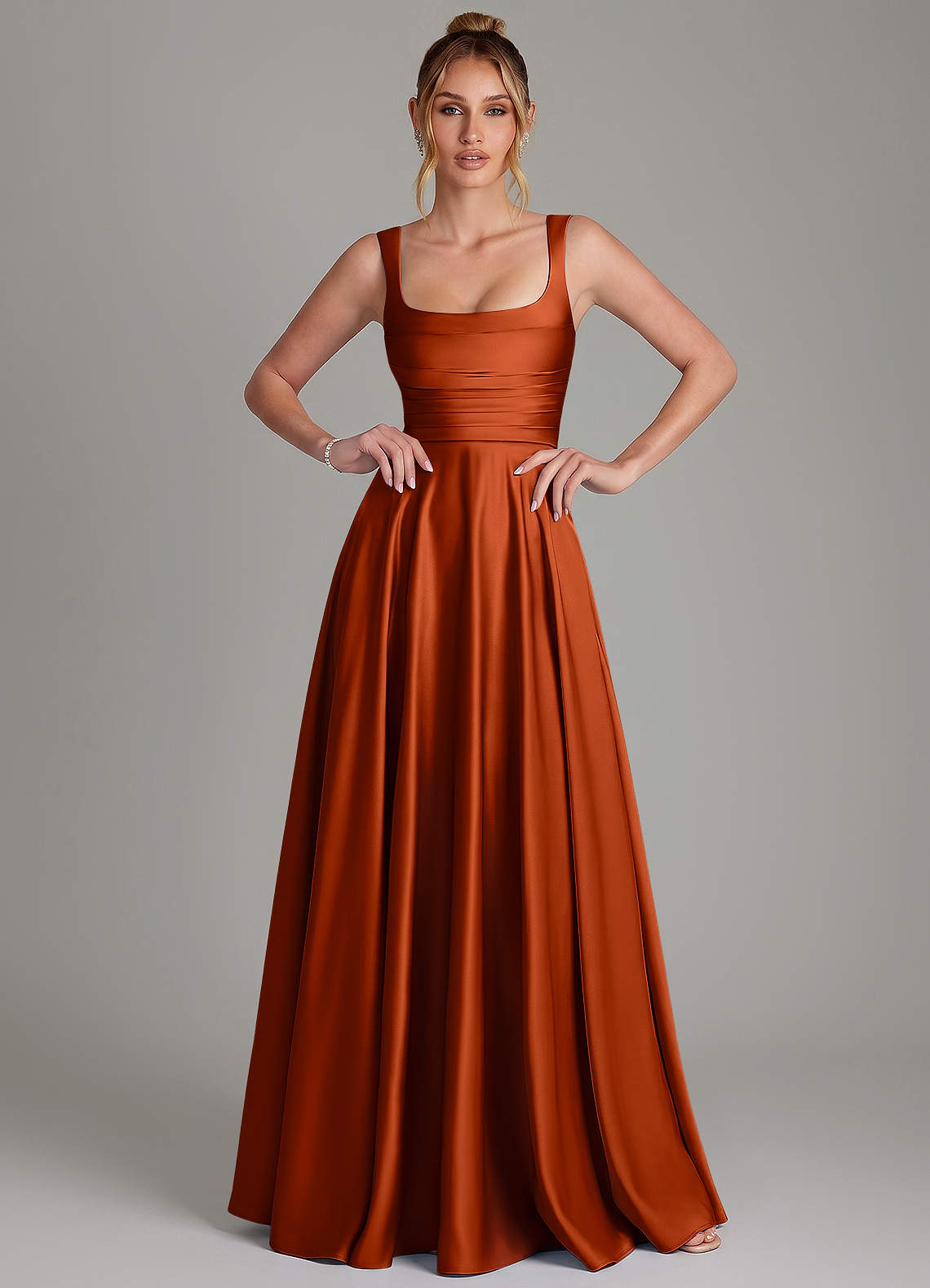 Azaria A-Line Square-Neck Stretch Satin Bridesmaid Dress in Paprika