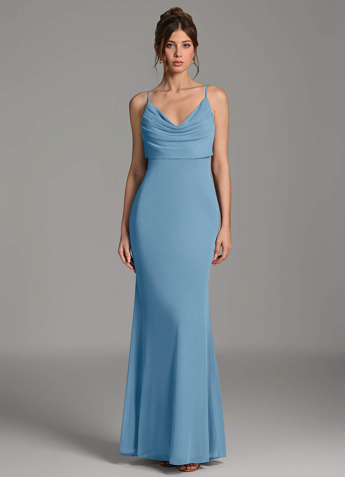 Zari Mermaid Cowl-Neck Mesh Bridesmaid Dress in Steel Blue