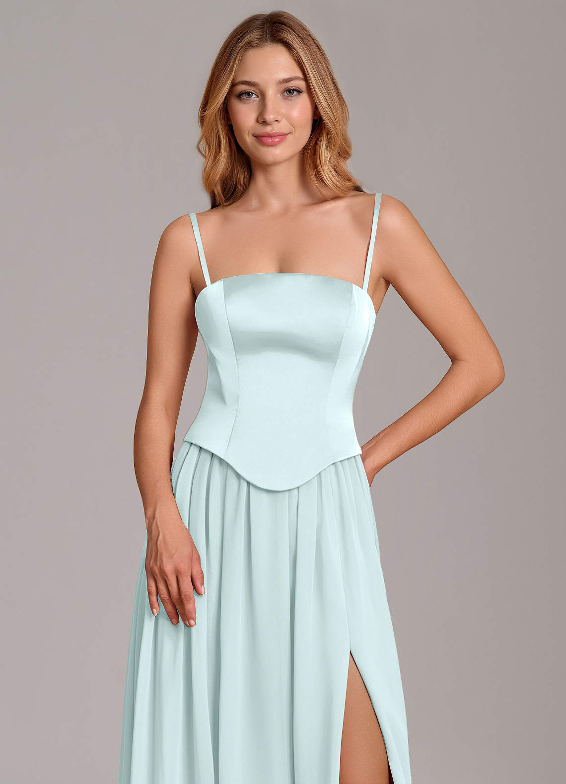 Cadence A-Line Strapless Chiffon and Stretch Satin Bridesmaid Dress in Sea Glass
