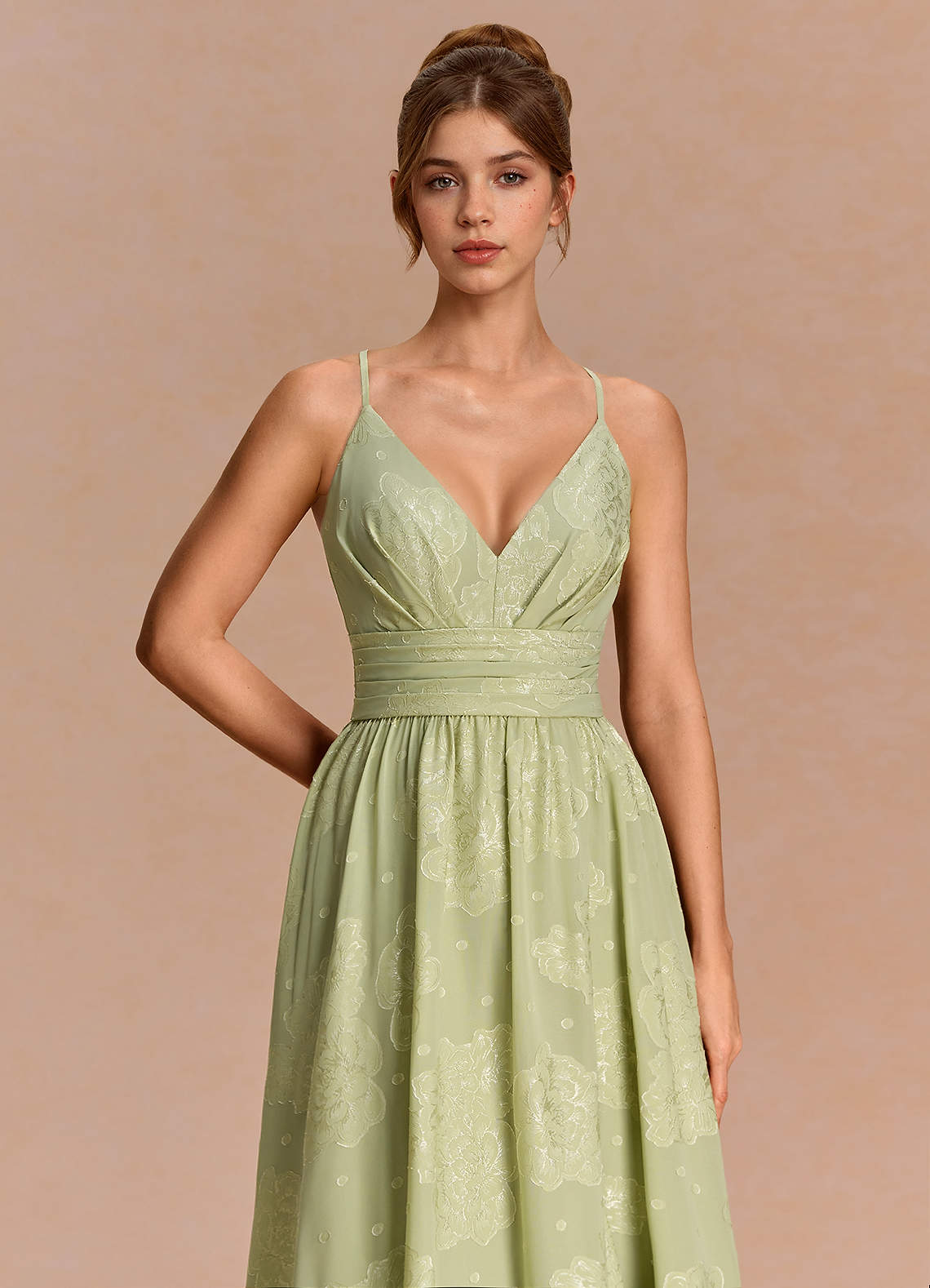 Anaëlle A-Line V-Neck Chiffon Burnout Evening Dress in Celadon