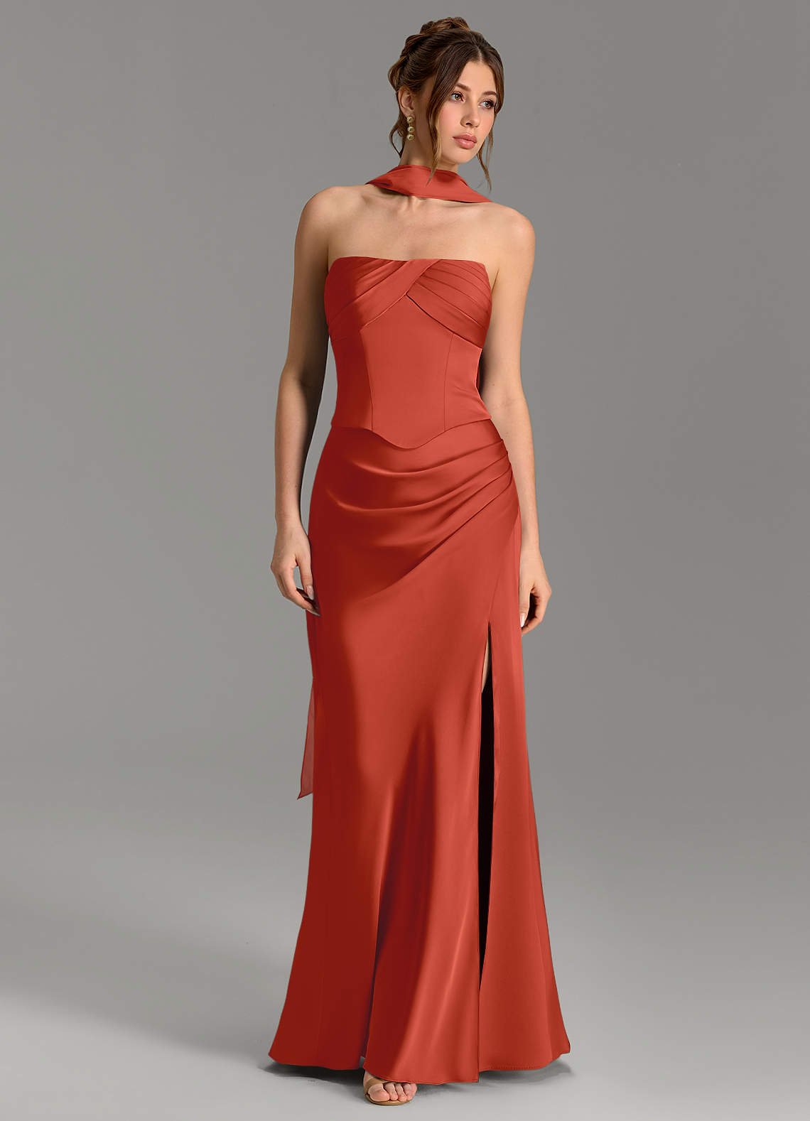 Nicki Sheath Scoop-Neck Stretch Satin Bridesmaid Dress in Rust