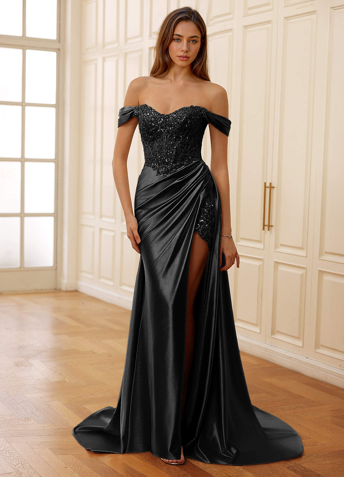 Rowane A-Line Off-the-Shoulder Satin Evening Dress in black