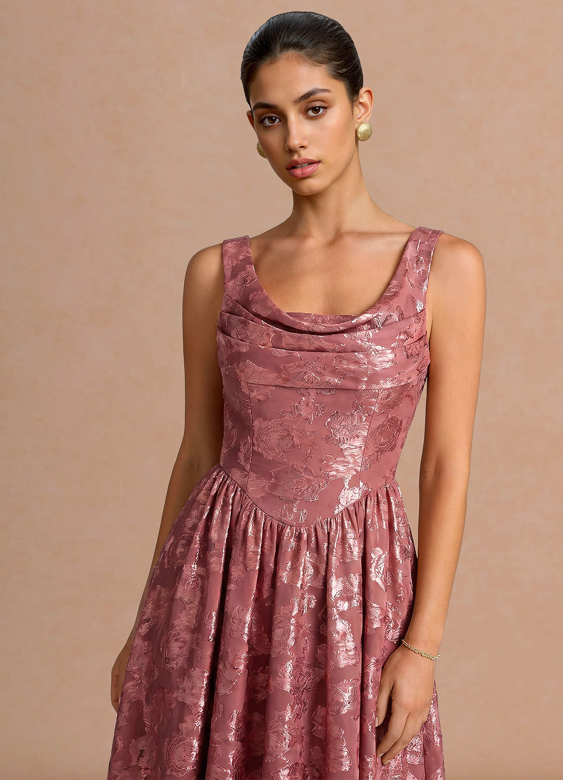 Novi A-Line Draped-Neck Floral Fil Coupé Evening Dress in Vintage Rose