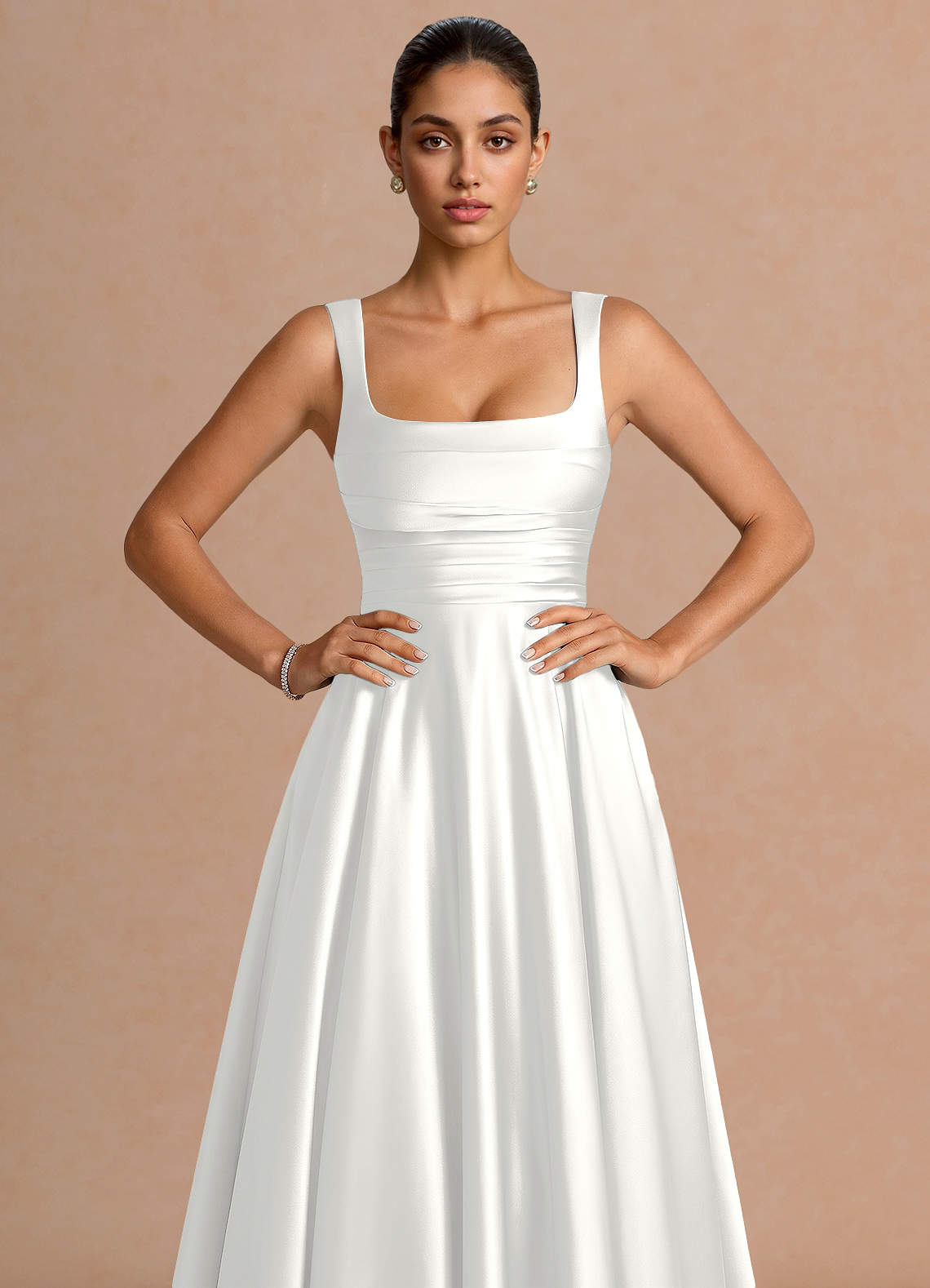 Azaria A-Line Square-Neck Stretch Satin Wedding Guest Dress in White