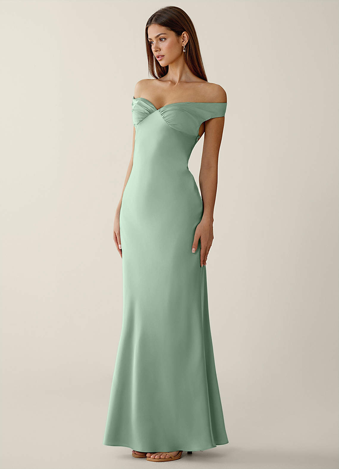 Gwendonme Sheath Off-the-Shoulder Satin Crystal Linen Evening Dress in Agave Green