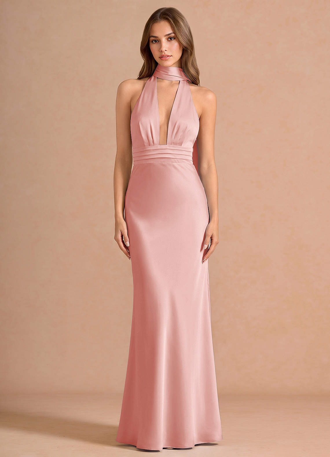 Linnea A-Line V-Neck Stretch Satin Evening Dress in Haze Pink