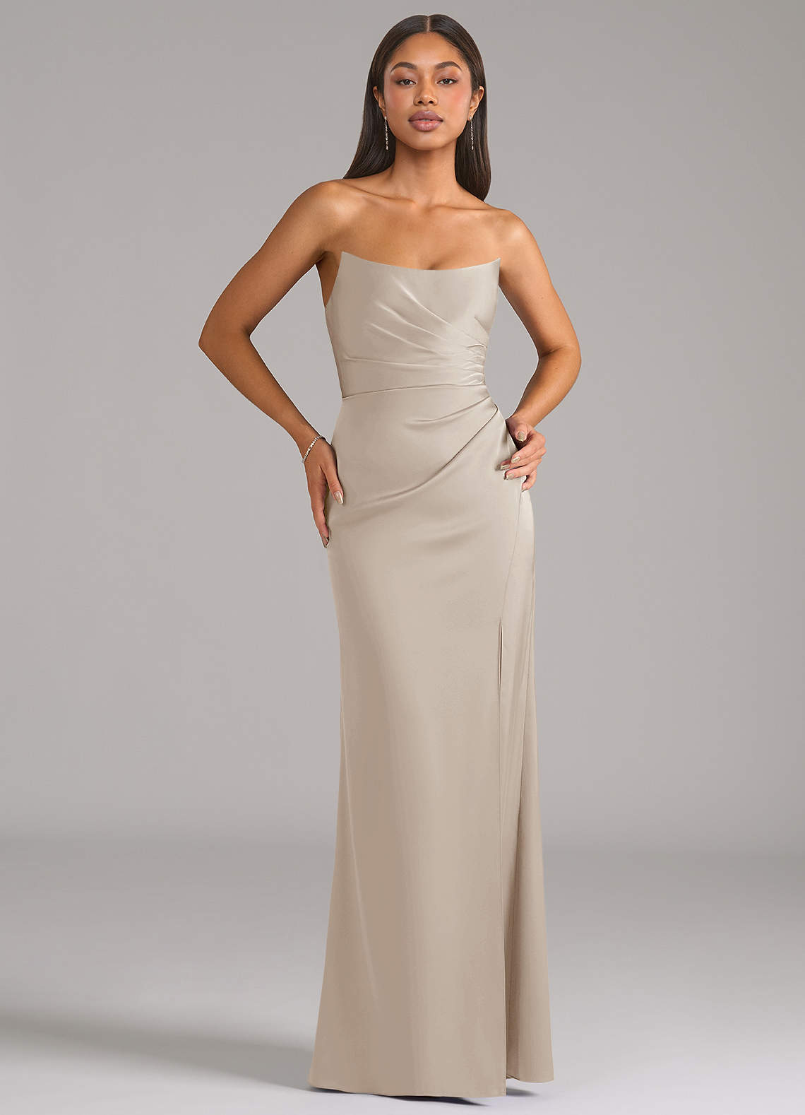 Marla Sheath Strapless Stretch Satin Bridesmaid Dress in Frost