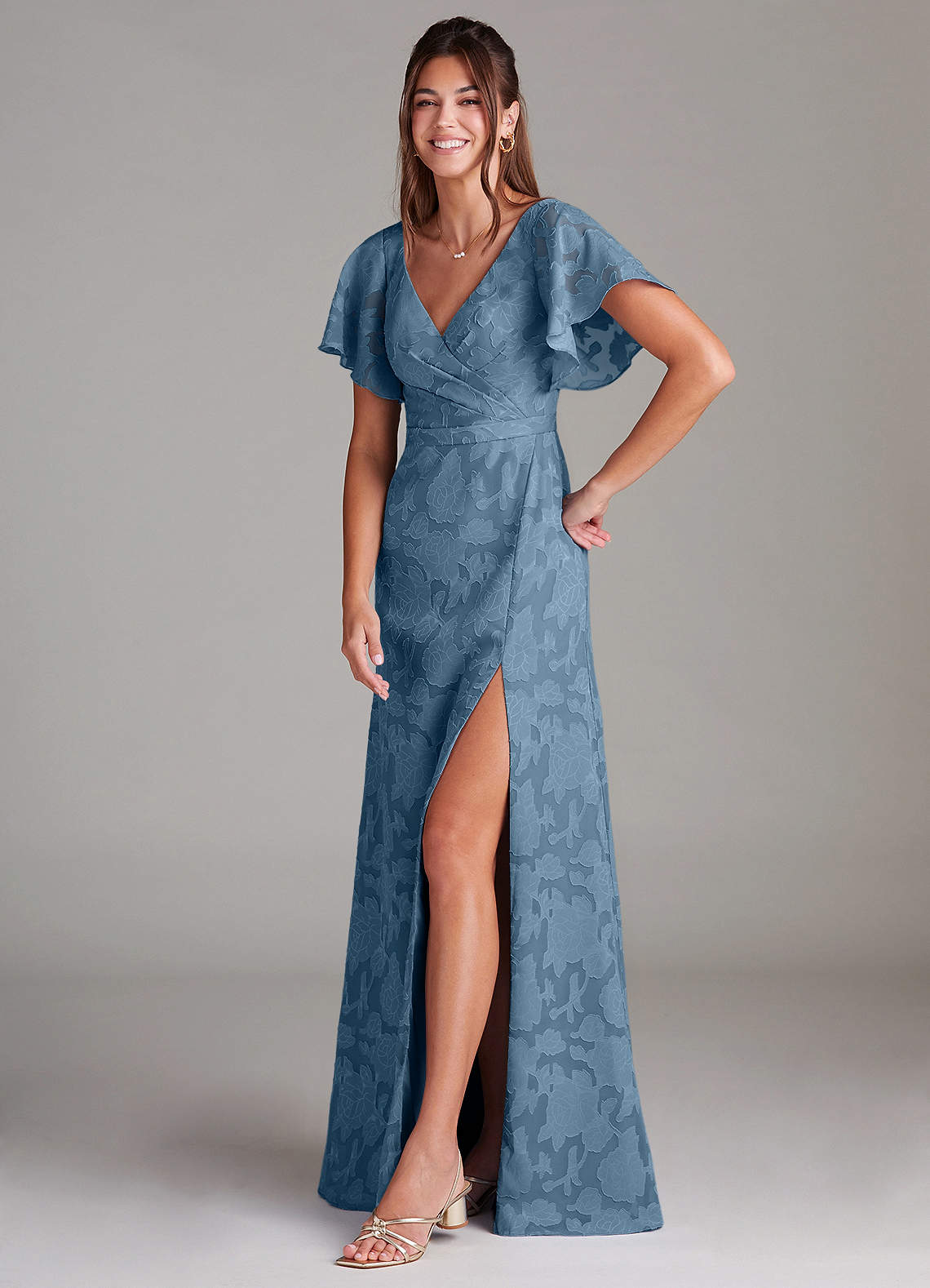 Ambrosia A-Line V-Neck Floral Burnout Bridesmaid Dress in Steel Blue