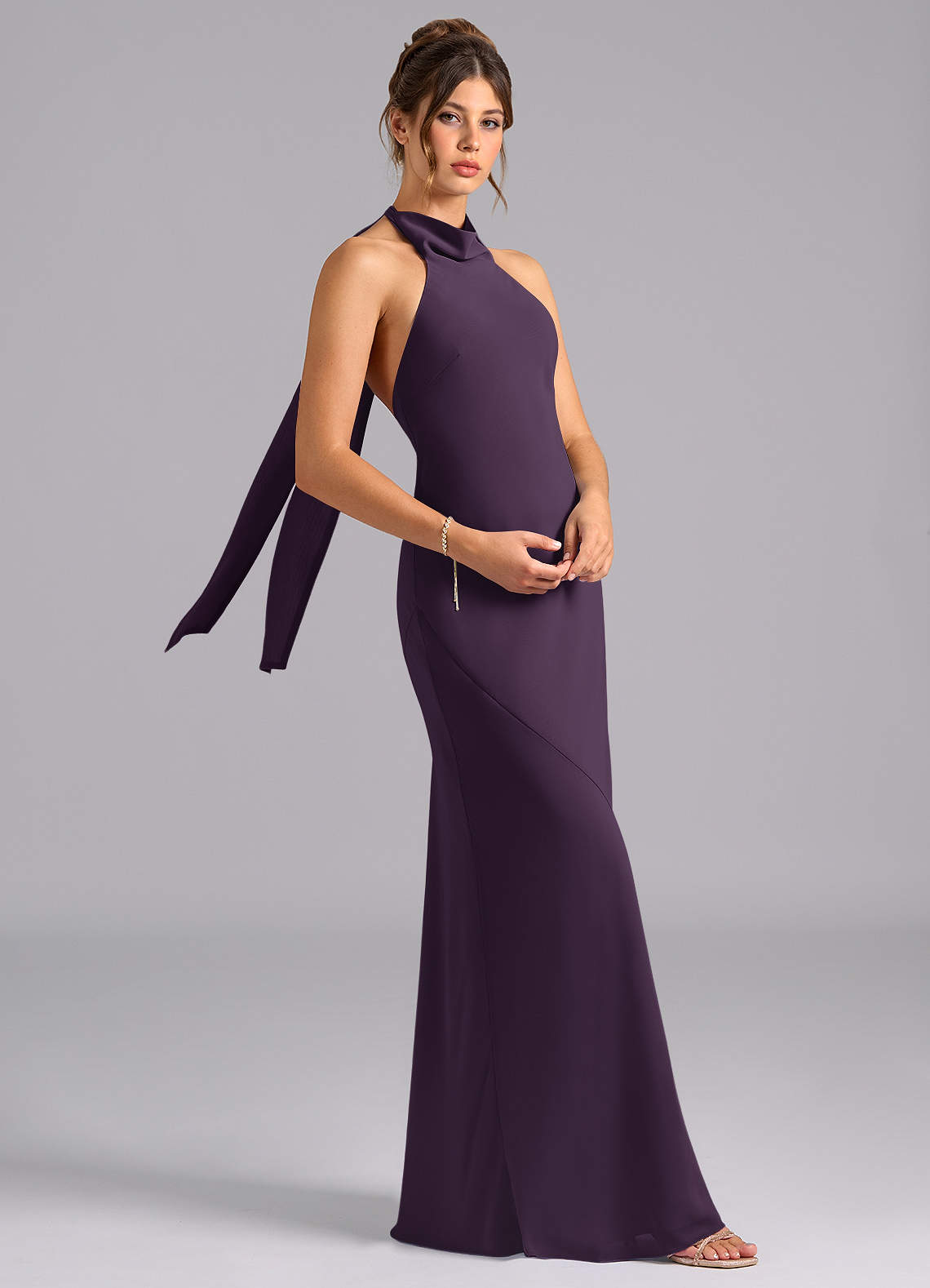 Velli Mermaid Halter Chiffon Bridesmaid Dress in Plum