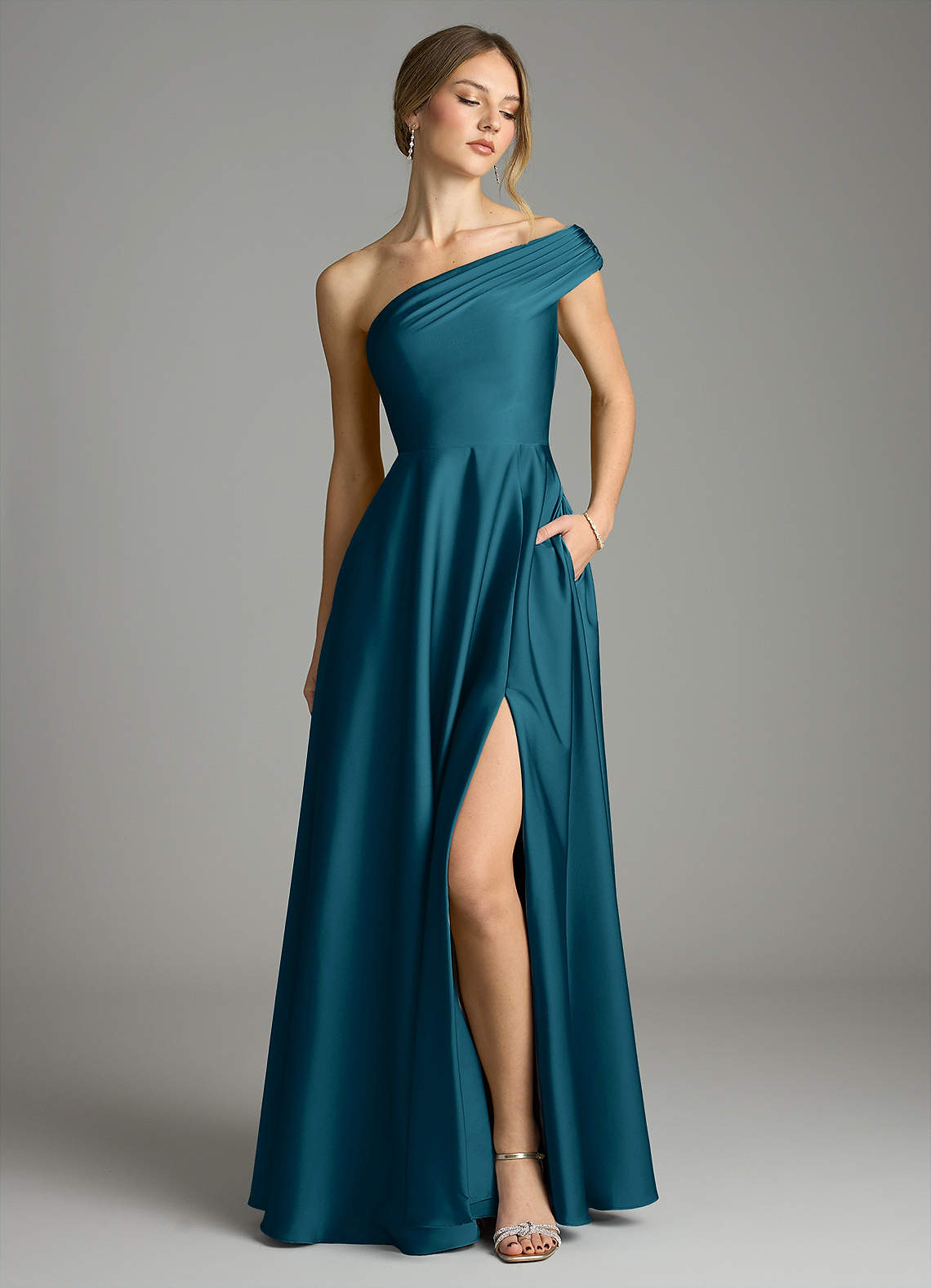 Melanie A-Line One-Shoulder Stretch Satin Bridesmaid Dress in Ink Blue