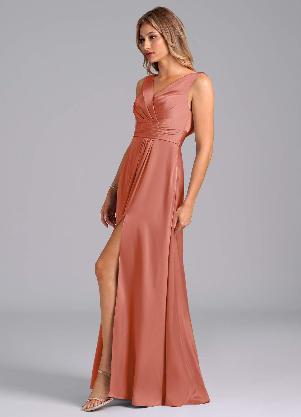 Karina A-Line V-Neck Stretch Satin Bridesmaid Dress in Salmon Pink