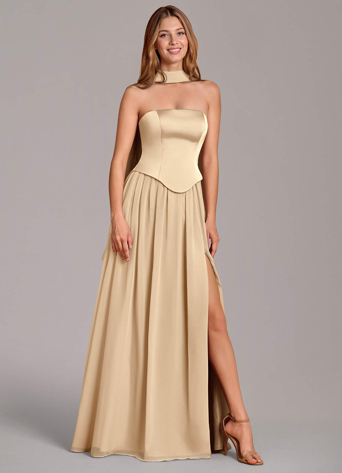 Cadence A-Line Strapless Chiffon and Stretch Satin Bridesmaid Dress in Champagne