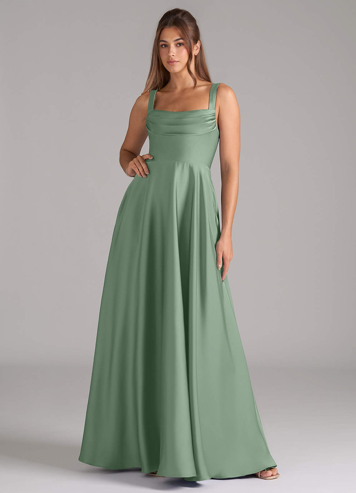 Shaude A-Line Square-Neck Stretch Satin Bridesmaid Dress in Matcha