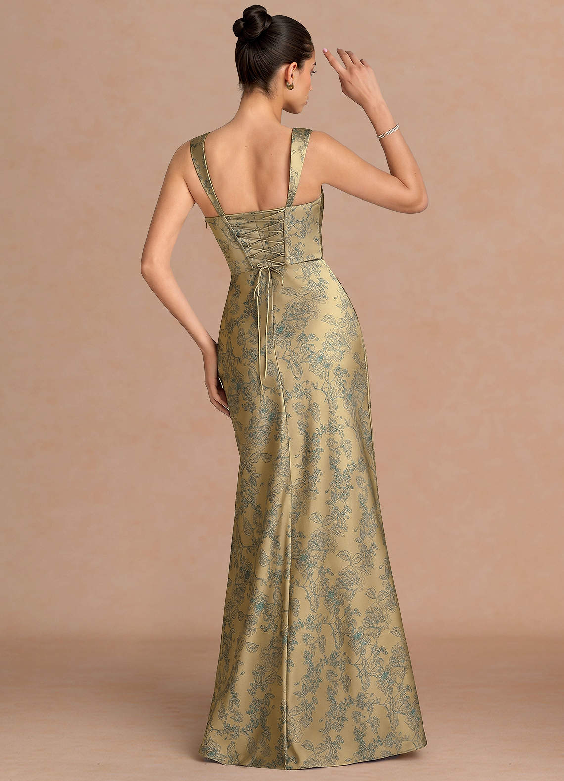Agustina Square-Neck Pleated Jacquard Evening Dress in Green Brown