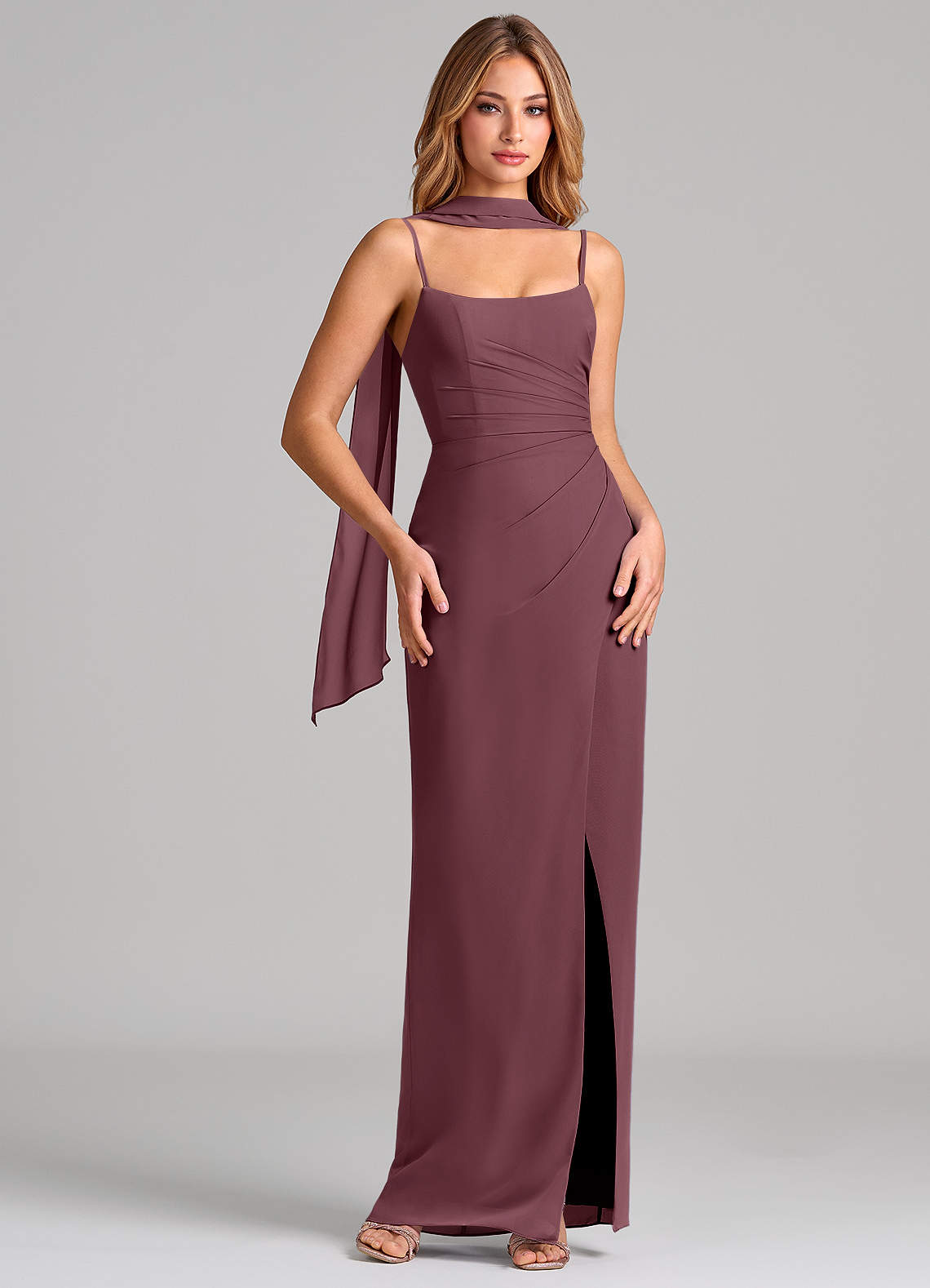 Calandra Sheath Scoop-Neck Chiffon Bridesmaid Dress in Sangria