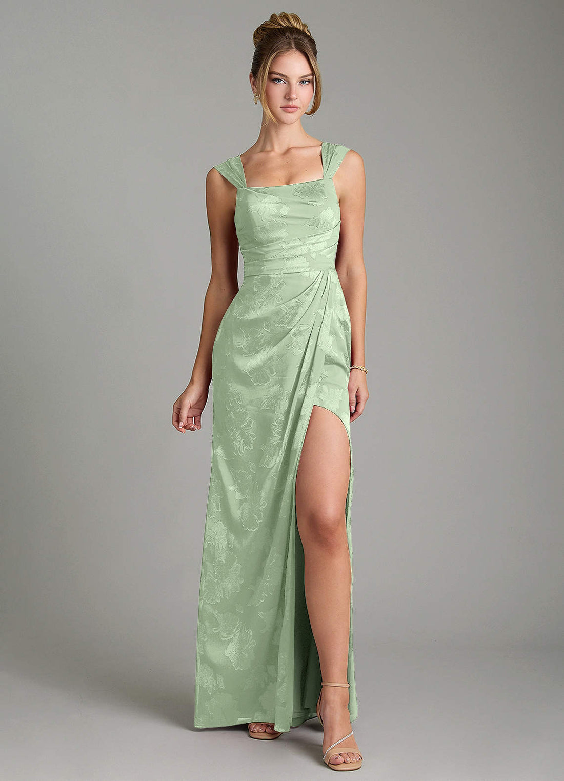 Kaelis Mermaid Scoop-Neck Jacquard Bridesmaid Dress in Dusty Sage