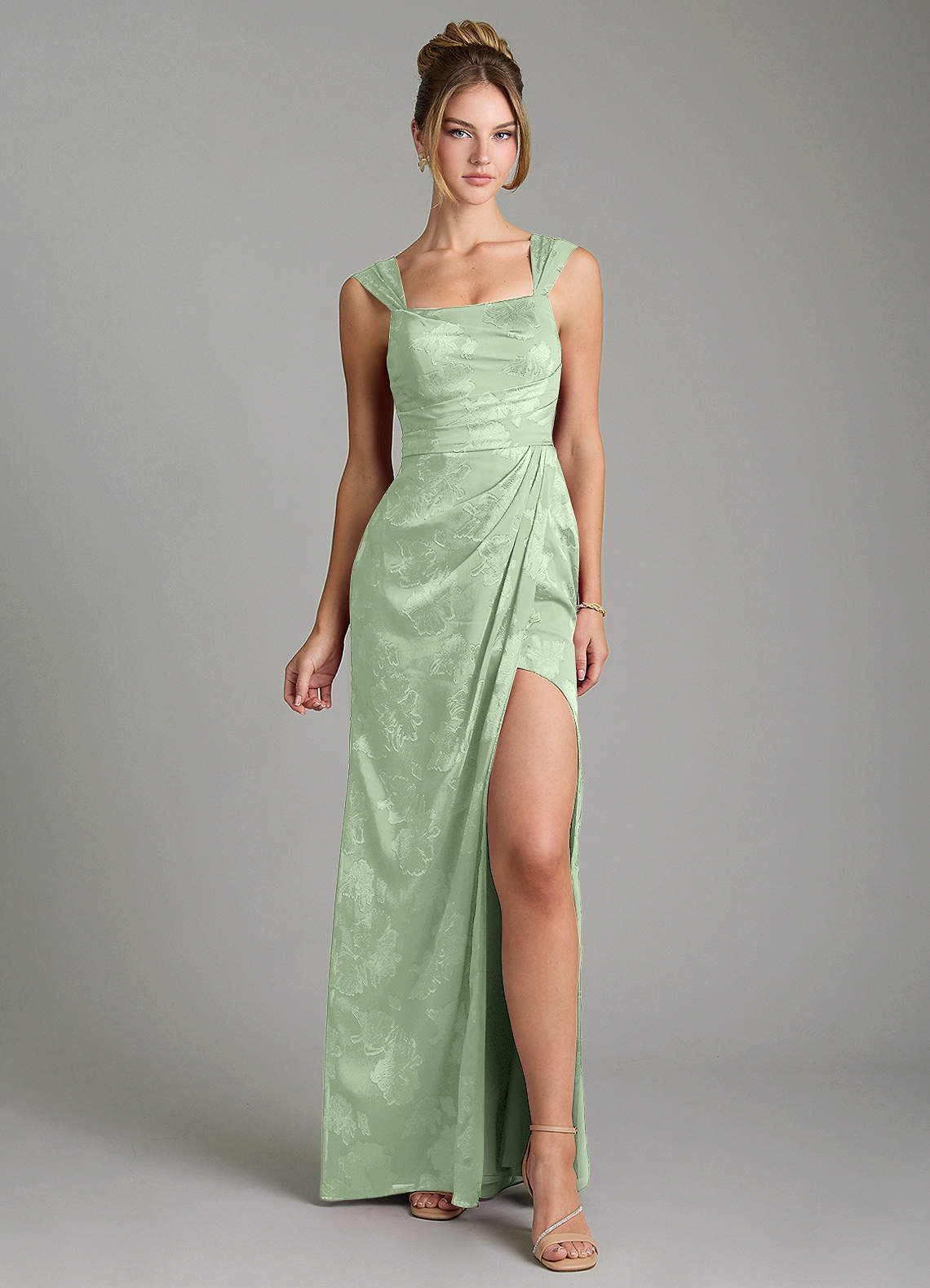 Kaelis Mermaid Scoop-Neck Jacquard Bridesmaid Dress in Dusty Sage
