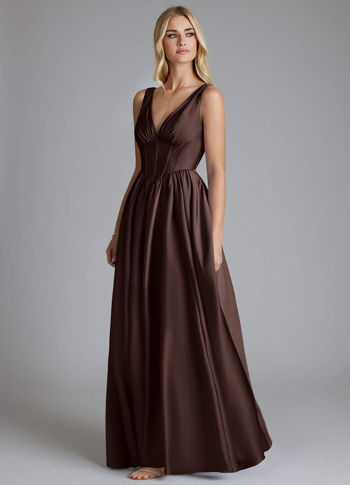 Delmie A-Line V-Neck Stretch Satin Bridesmaid Dress