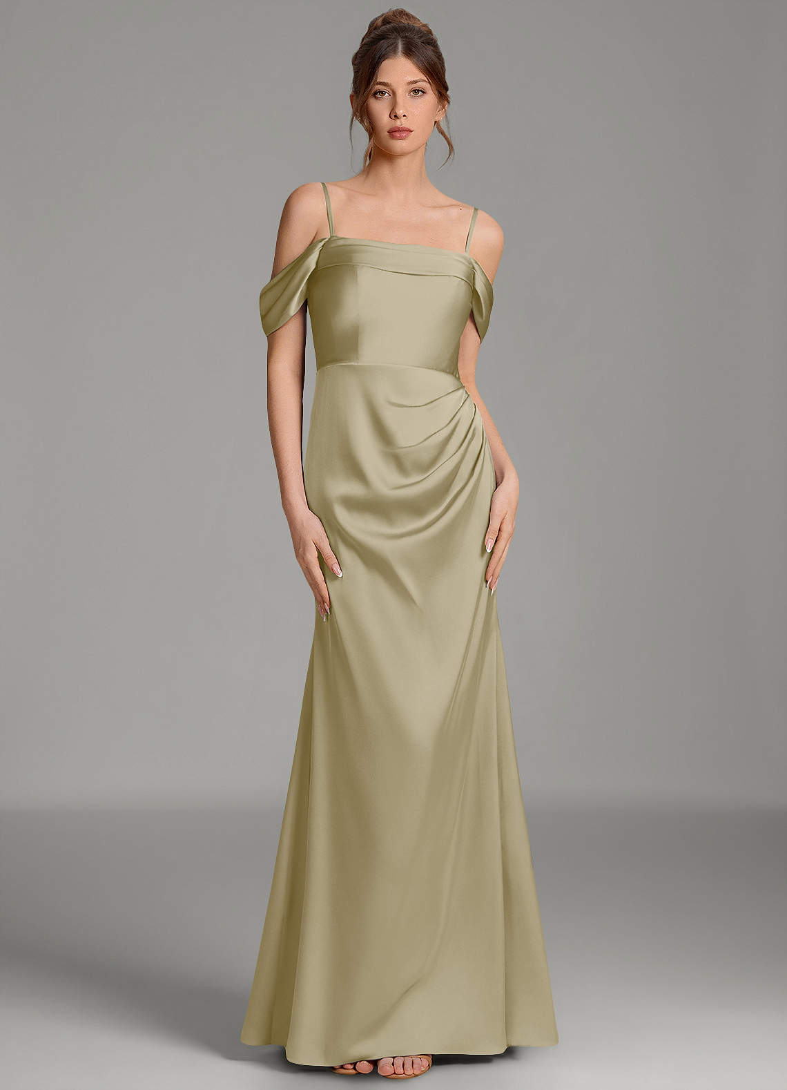 Wyatt Mermaid Off-the-Shoulder Stretch Satin Bridesmaid Dress in Moss Green